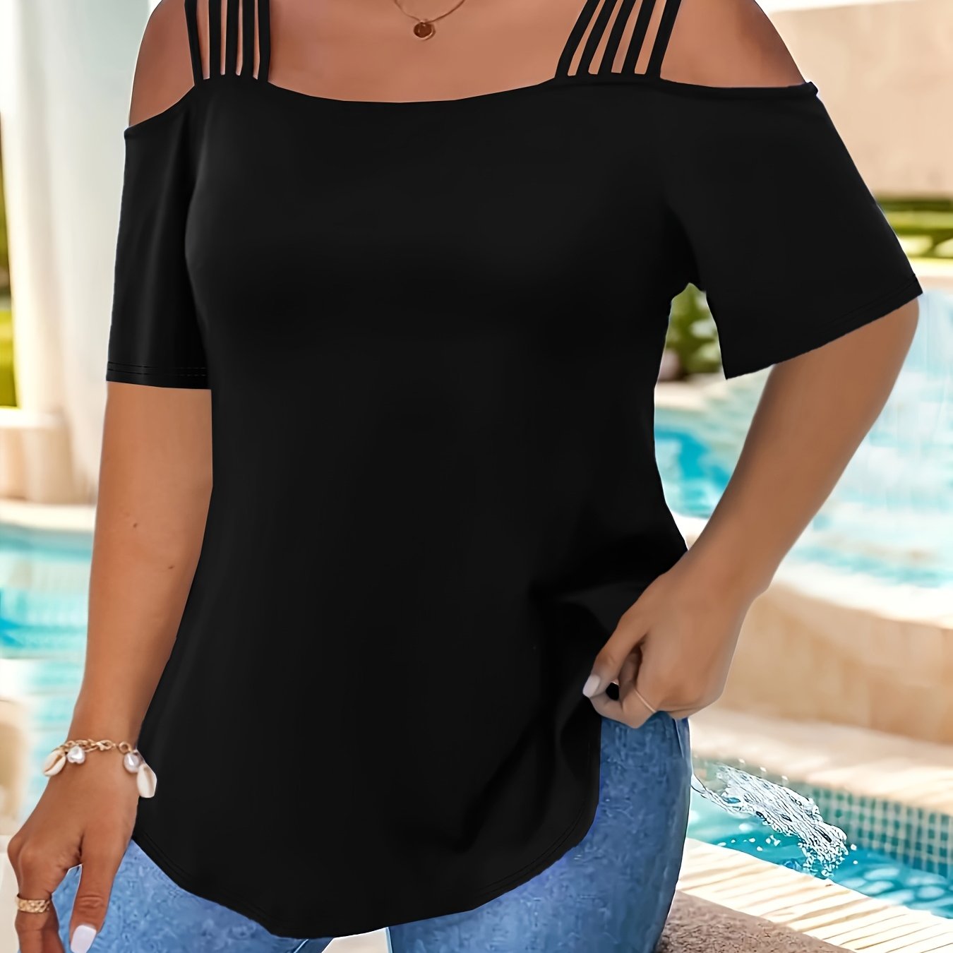Image of Plus Size, Plus Size New Cross-border Stylish Sexy Off-the-shoulder Short Sleeve Camisole Top For Women