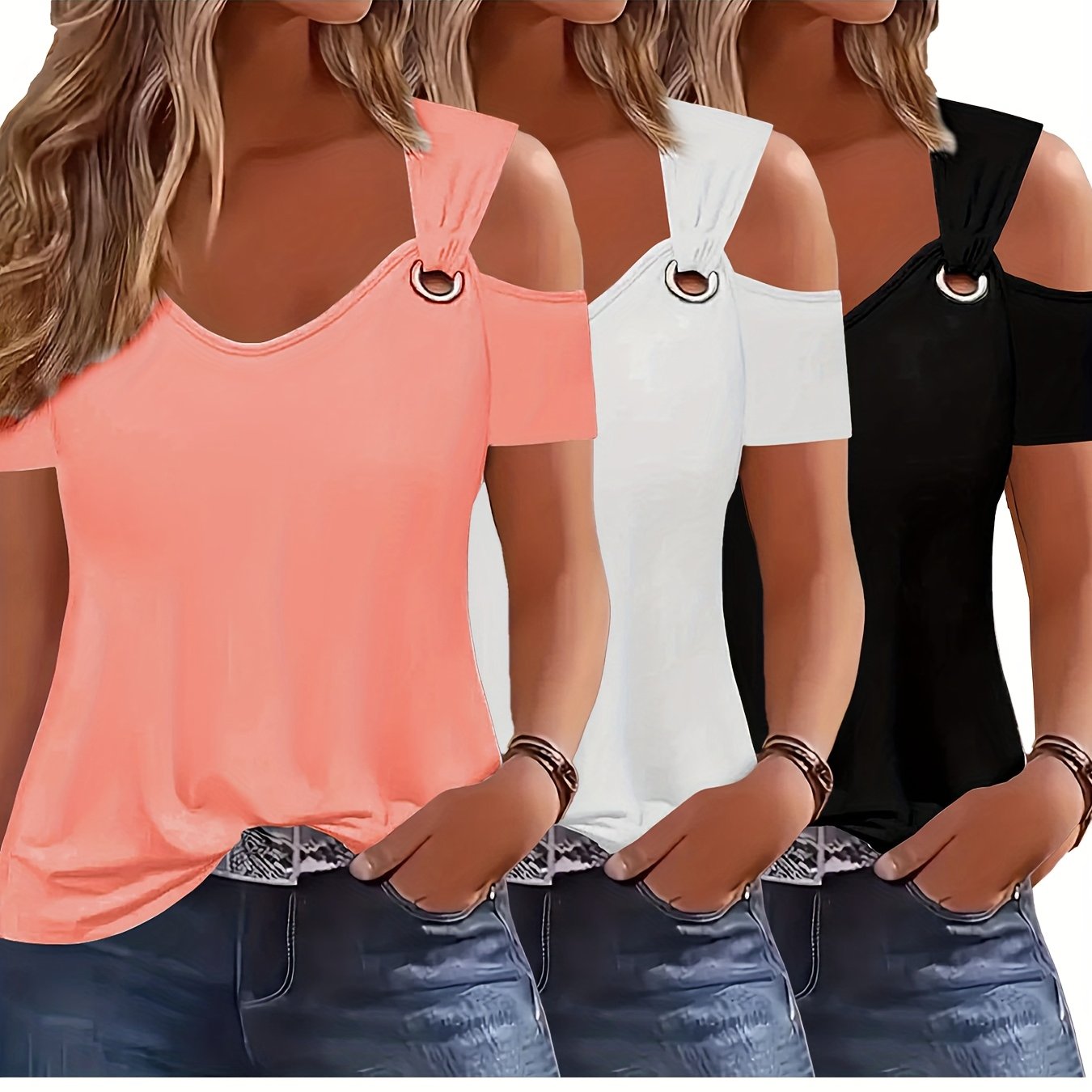 E-shop 3er-Set Sommer Off-Shoulder Kurzarm T-Shirts, Lässige Lockerer V-Ausschnitt V-Ausschnitt Einfarbige Basic Off-Shoulder Kurzarm T-Shirts