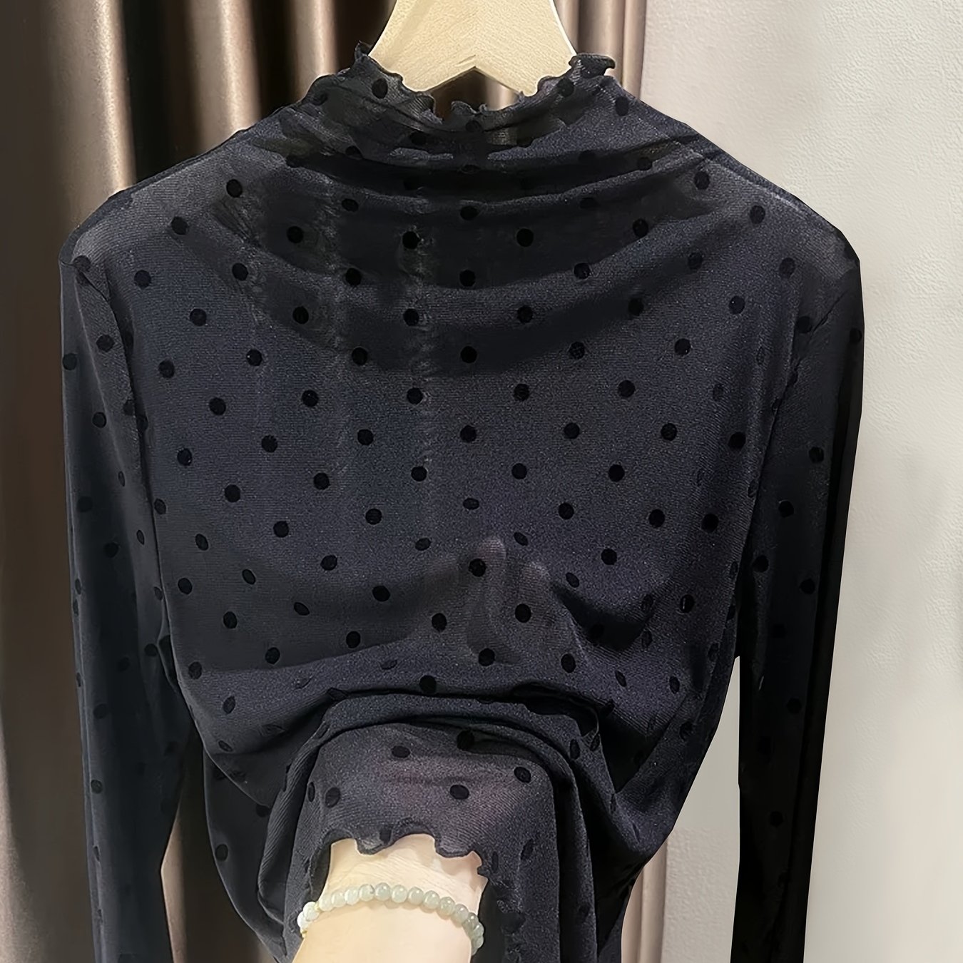 Image of Spring And Autumn Pure Desire Style Western-inspired Mesh Top, Sheer Hollow-out Lace Inner Shirt, Half-high Neck Long-sleeve Base Layer