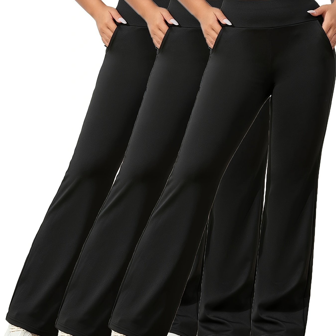 Image of 3pcs High-waisted Flared Pants For Women - Stretchy, And Comfortable With Pockets - And - Black, Navy Blue, Burgundy - Perfect For, And Fitness, Leggings | Flared Bottom | Stretchy Fabric