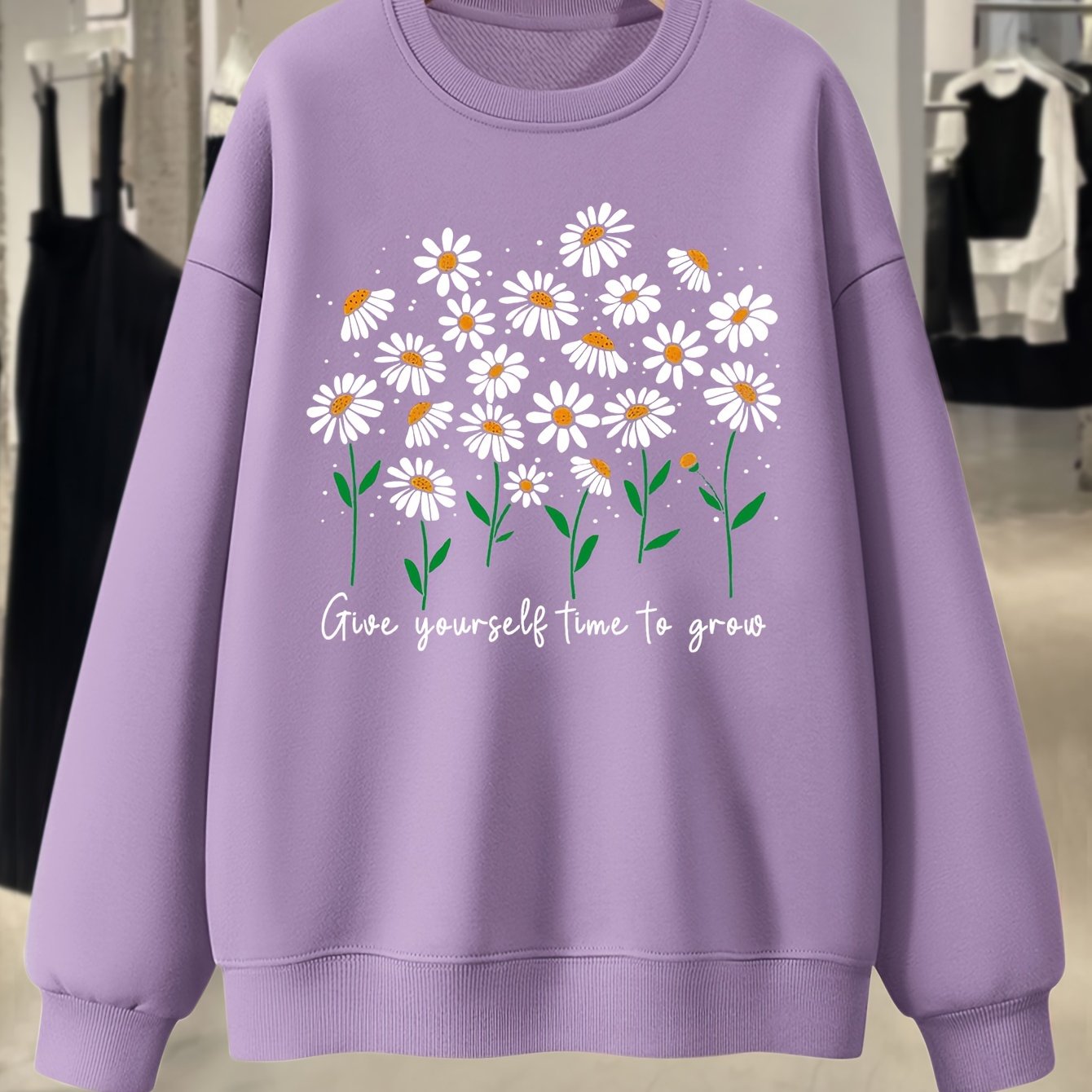 TEMU Plus Size, Plus Size Flower Graphic Print Sweatshirt, Crew Neck Casual Sweatshirt For Fall & Spring, Women's Plus Size Clothing
