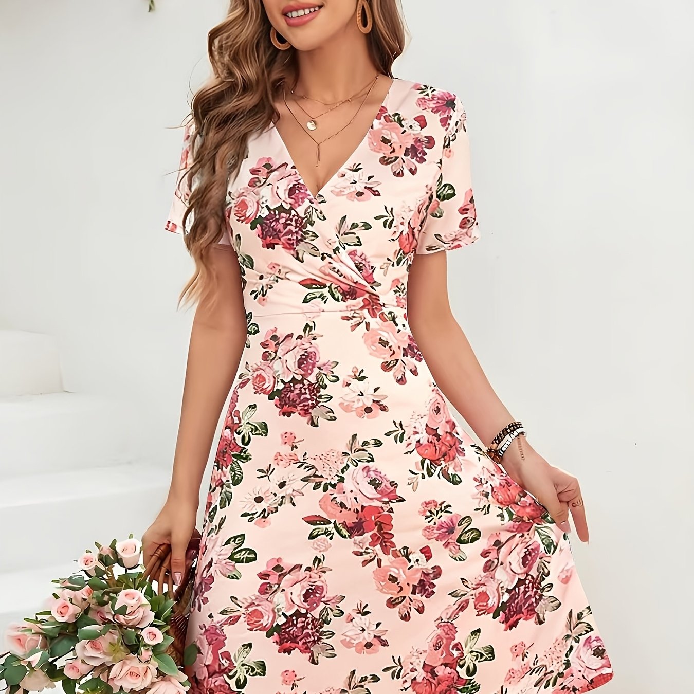 E-shop Damenkleid mit Blumenmuster, elastischer Bund, elegantes A-Linien-Kleid, geeignet als Oberbekleidung und als Unterwäsche