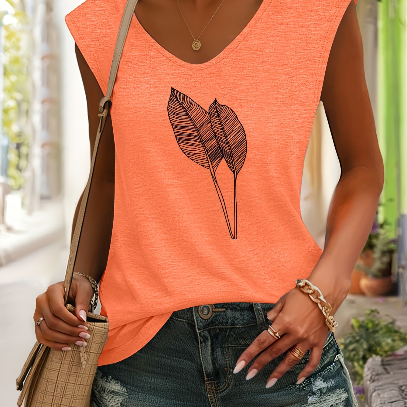 TEMU Versatile Sleeveless Vest T-shirt With A Print Of 2 Tropical Plant Leaves In A Relaxed Shape, Comfortable Fabric, Breathable And Cool, Suitable