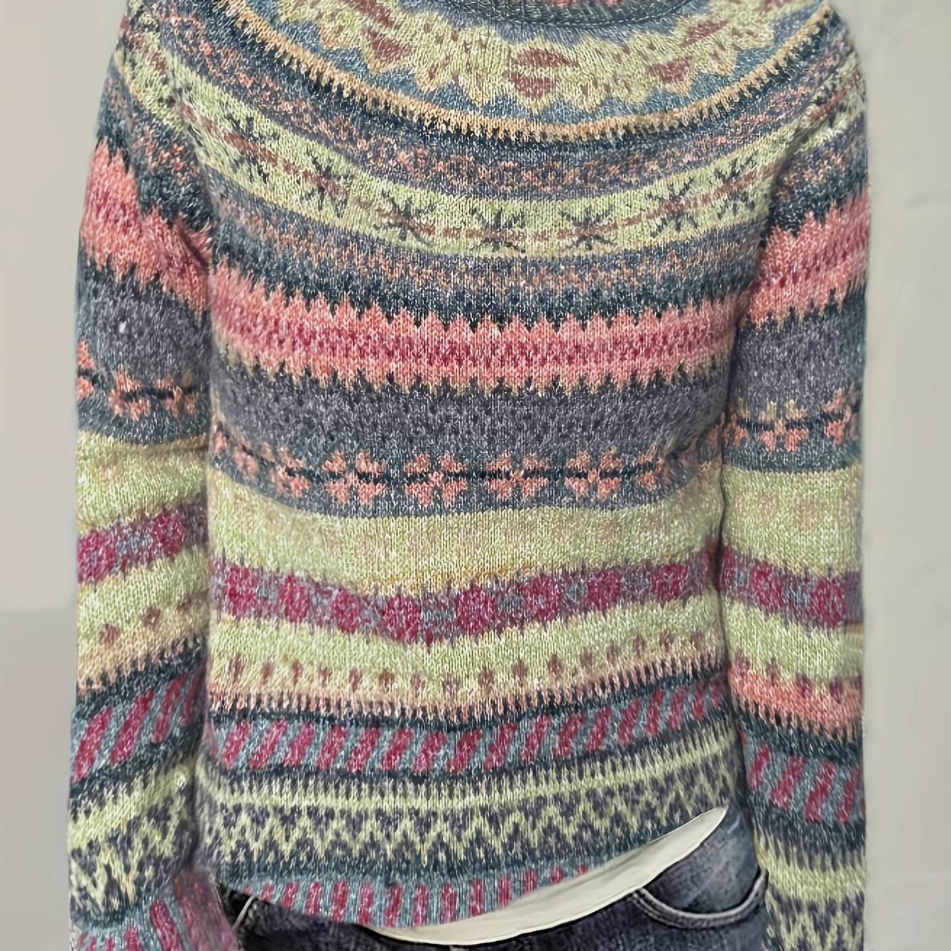 Women's Round-neck Soft Sweater, Casual Pullover, Stylish Color-block Pattern, Suitable For Autumn And Winter, Ladies' Fashionable Outerwear