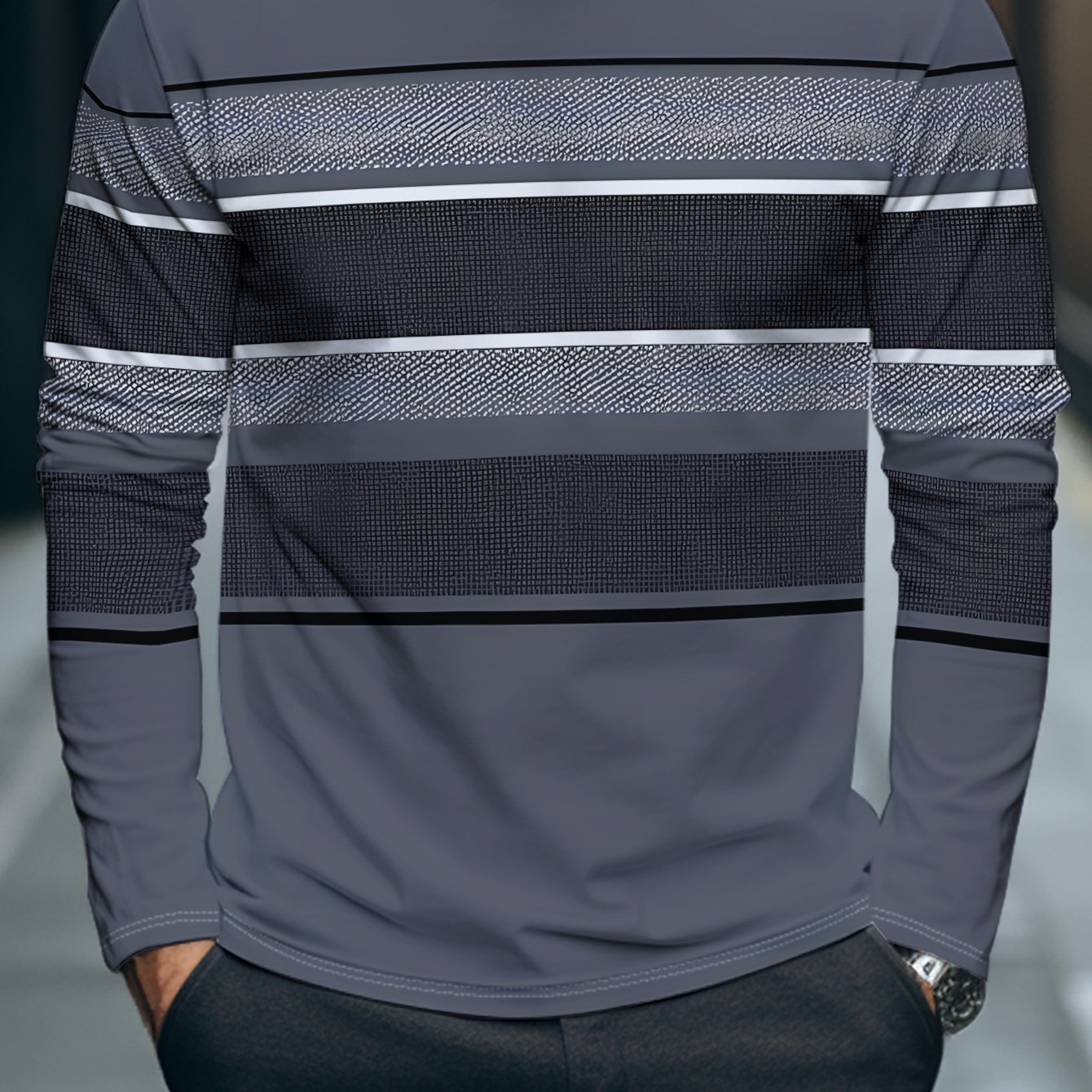 TEMU Dark Gray Long-sleeve Top, With Black, White, And Gray Stripes, Featuring A Simple And Fashionable Design