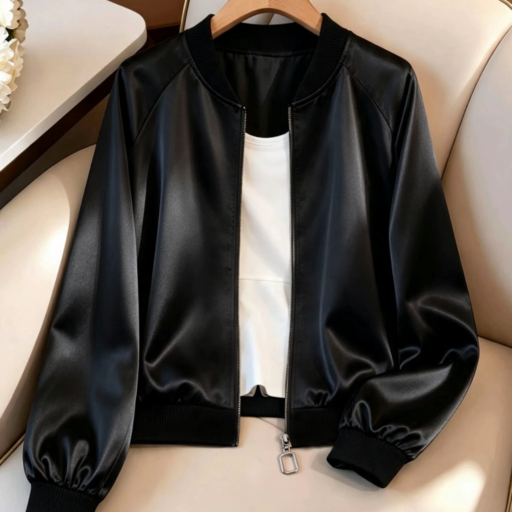 TEMU Women's Elegant Solid Color Zipper Jacket With Stand Collar & Ribbed Cuffs - Machine Washable Satin Blazer, Zippered Front Door Panels Suitable