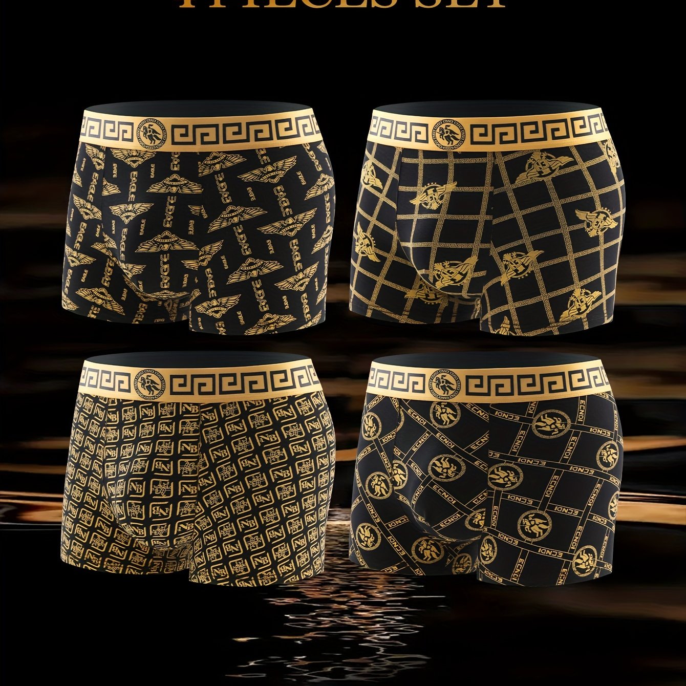 4pcs Men's & Golden Boxer Briefs - High-elasticity, Comfortable Polyester-spandex Blend, Non-transparent With Unique Geometric & Floral Prints - Stylish Casual Underwear