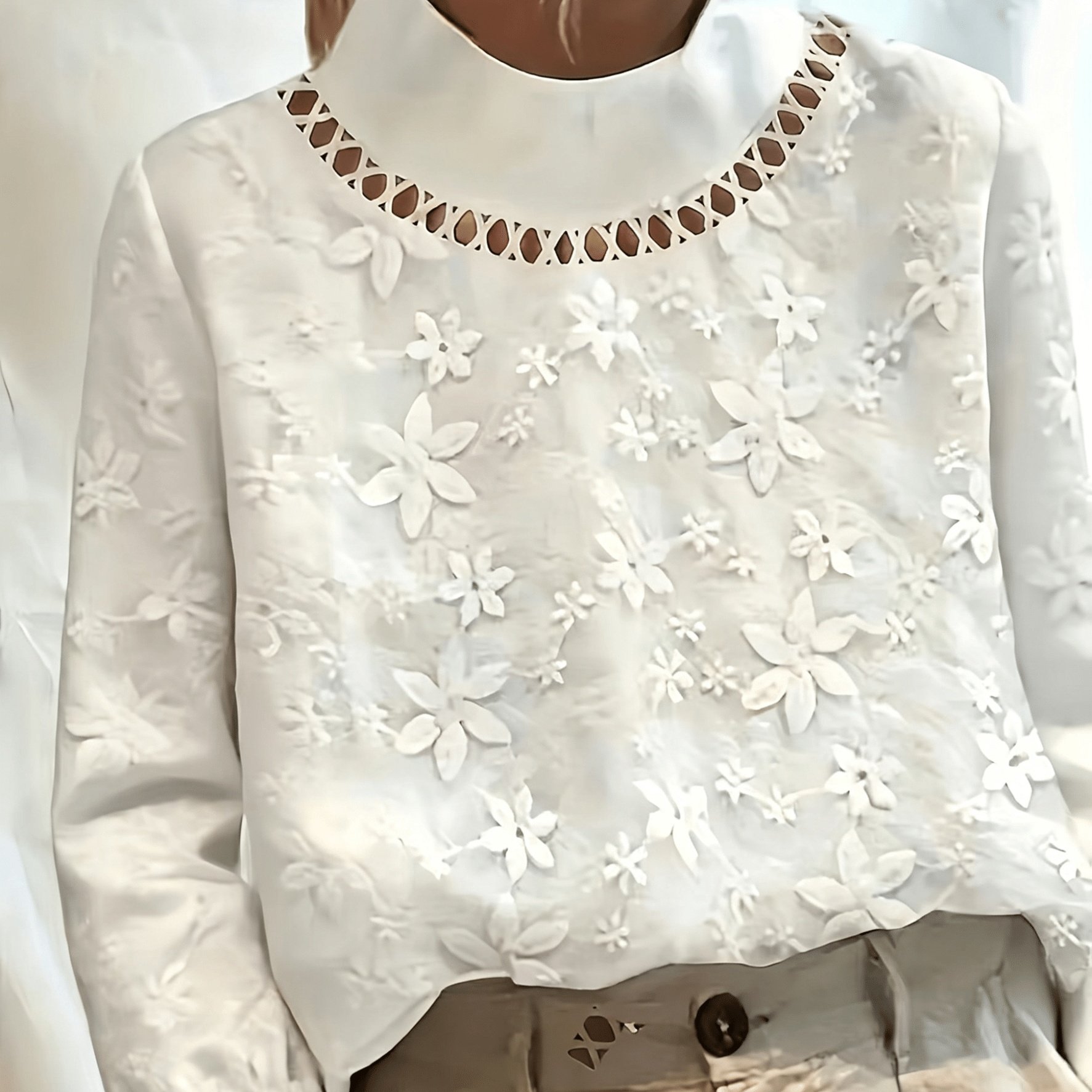 Image of Spring And Autumn Fashion New Solid Color Embroidered High Neck Long Sleeve Shirt For Women