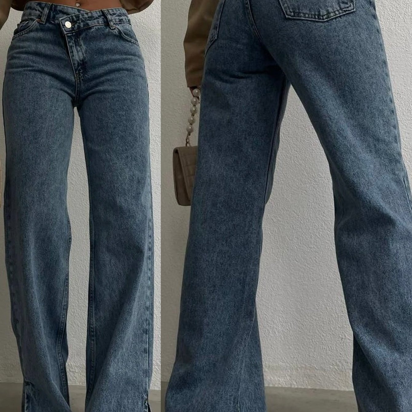 New Party -slit Long Pants, High-waist Jeans, Casual Wear High-waist Wide-leg Jeans, High Side-slit Design, Elegant Commuter Style, Light Blue Washed Denim, -waist Design