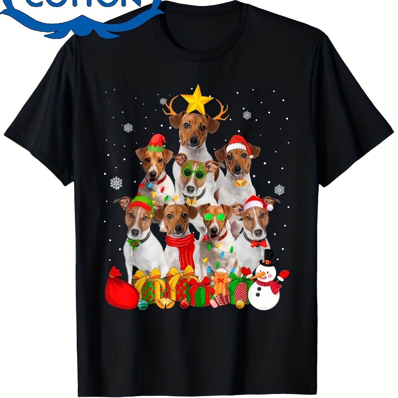 TEMU Terrier Christmas T-shirt With Dog Tree & Lights - High-stretch Unisex Tee For , Festive Jrt Breeder Design With Santa Hats & Garland, Casual
