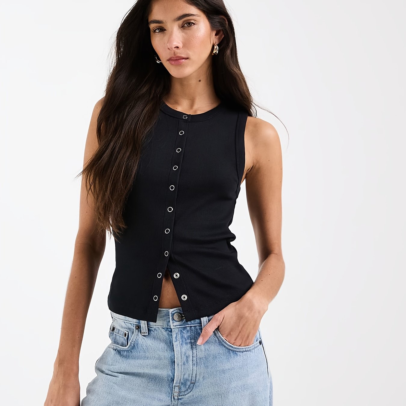 TEMU American-style Single-breasted Sleeveless Top For Women, Summer Round Neck Stretch Casual Slim-fit Casual Vintage-inspired Vest Cardigan With