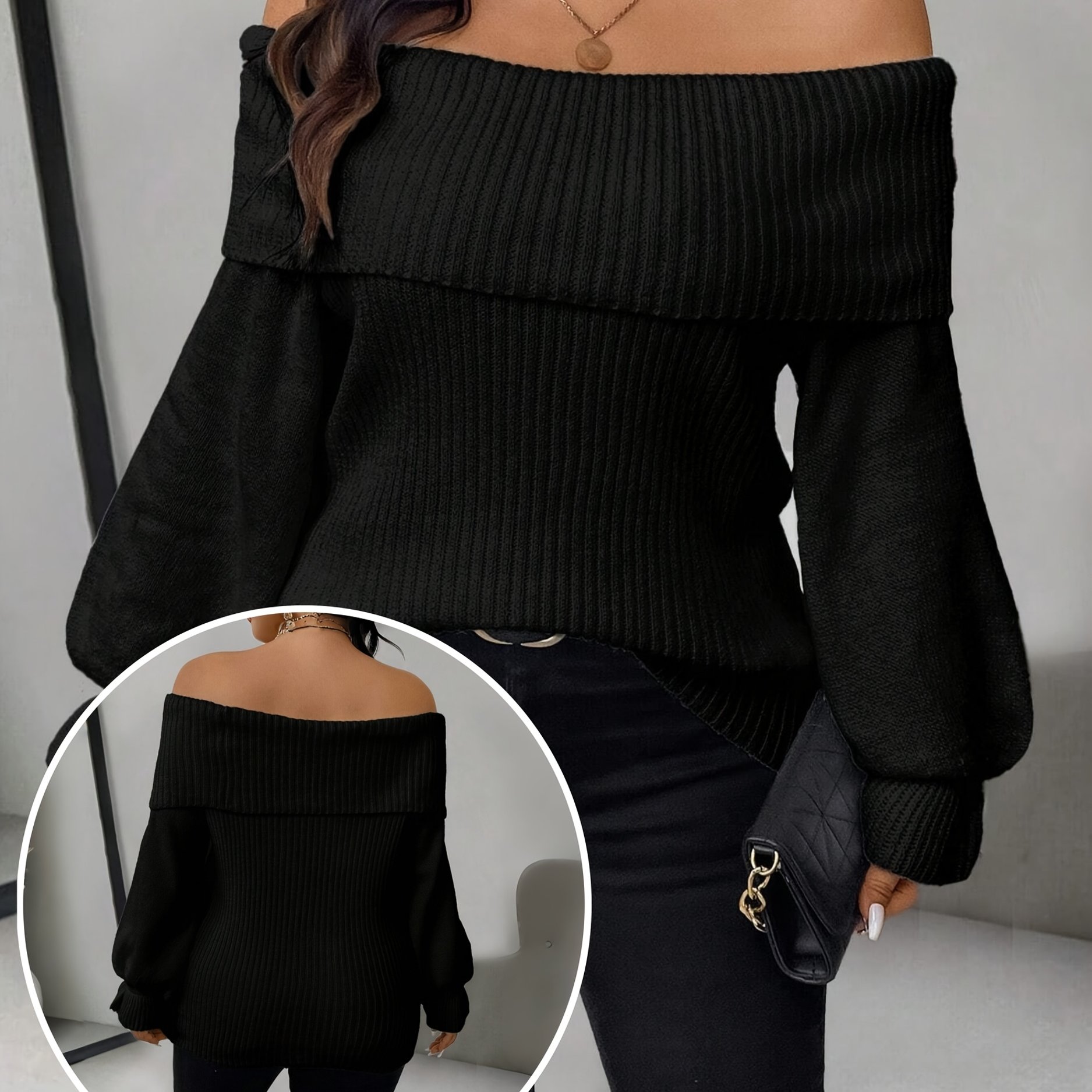 Plus Size Soft Feminine Off-shoulder Sweater, Loose Balloon Sleeve Pullover Top, Elegant Casual Women's Fall Winter Clothing