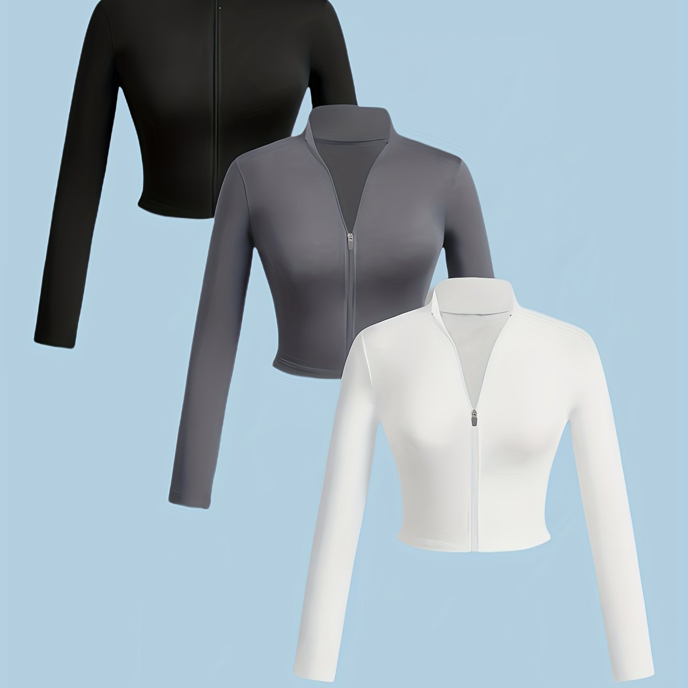 TEMU 3pcs Set - Women's Stand Collar Short Zip-up Top, Slim Fit Long-sleeve For & / Casual Wear High Elasticity Breathable Figure-hugging