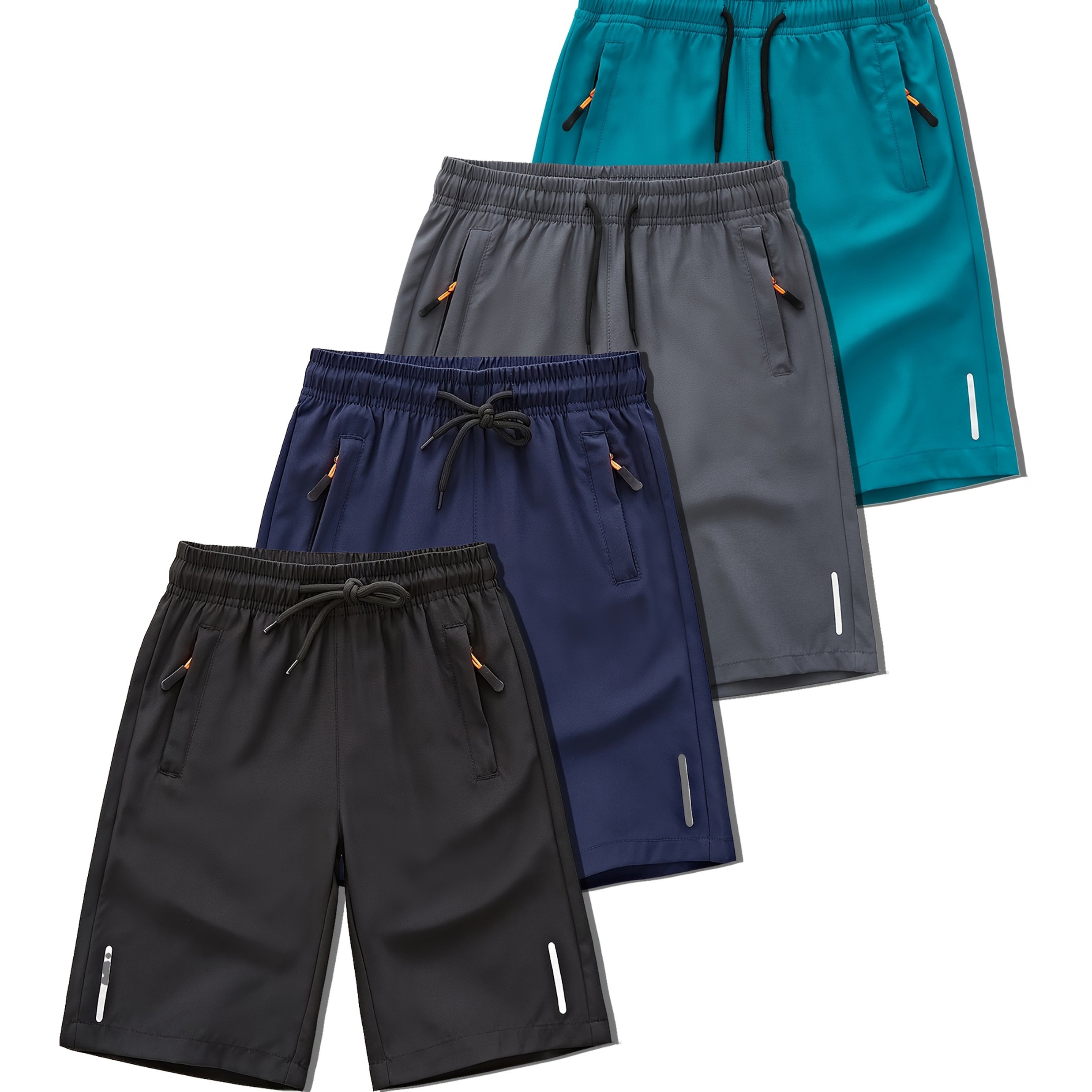 Image of 4pcs Set Of Boys' Summer Casual Cooling Fashion Trendy Athletic Drawstring Zipper Pocket Shorts, For Outdoor