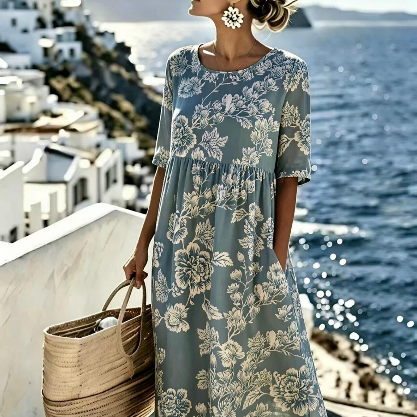 Image of Women's Summer Dress Floral Loose Casual Resort Style Fashionable And Elegant Machine Washable Suitable For Daily And Commuting The For Gifts