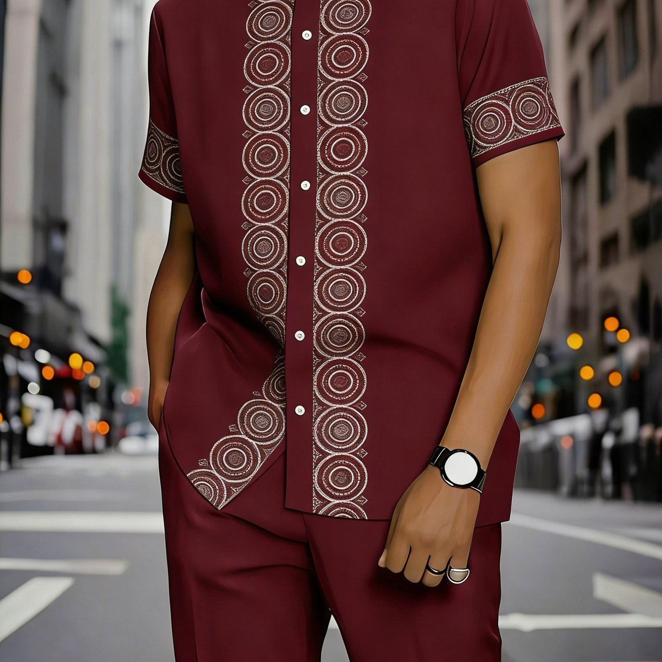 Image of Men's Casual Suit: Men's Stand Collar Short Sleeve Shirt And Long Pants 2pcs Set, Casual Fit, Suitable Daily Wear, Holiday Parties And Occasions