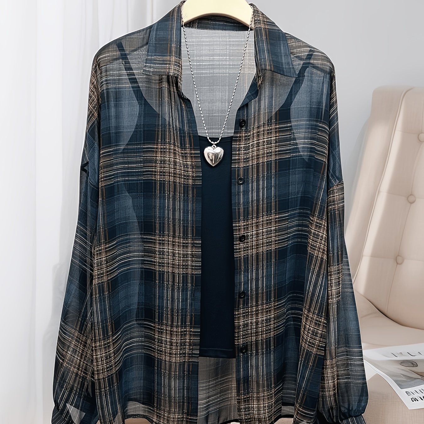 TEMU Women's Spring Summer Red And Black Plaid Shirt - Loose Fit Button Front Chiffon Sheer Cardigan, Fashion, Elegant Versatile Vacation Ac Office