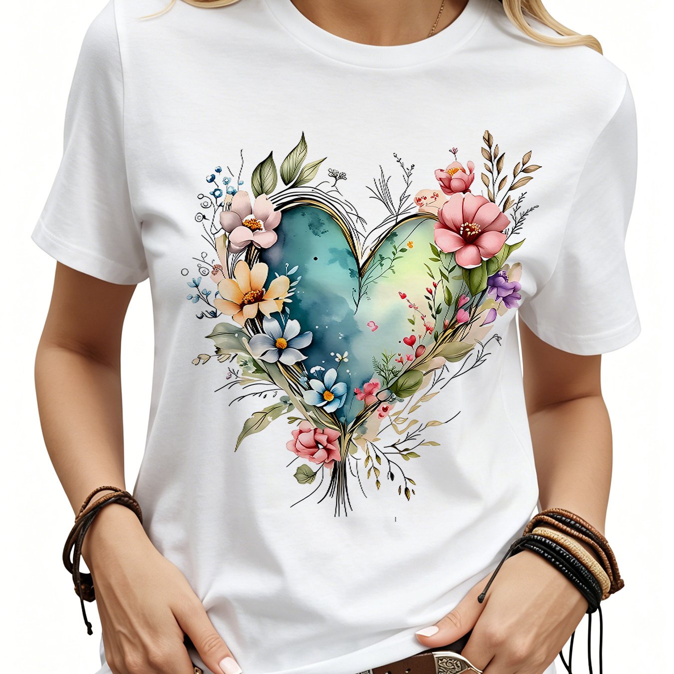 TEMU Women's Romantic Watercolor Floral Heart-pattern Print, Artistic Style Casual Short-sleeve Top, Suitable For Weekend Gatherings And Holiday Wear