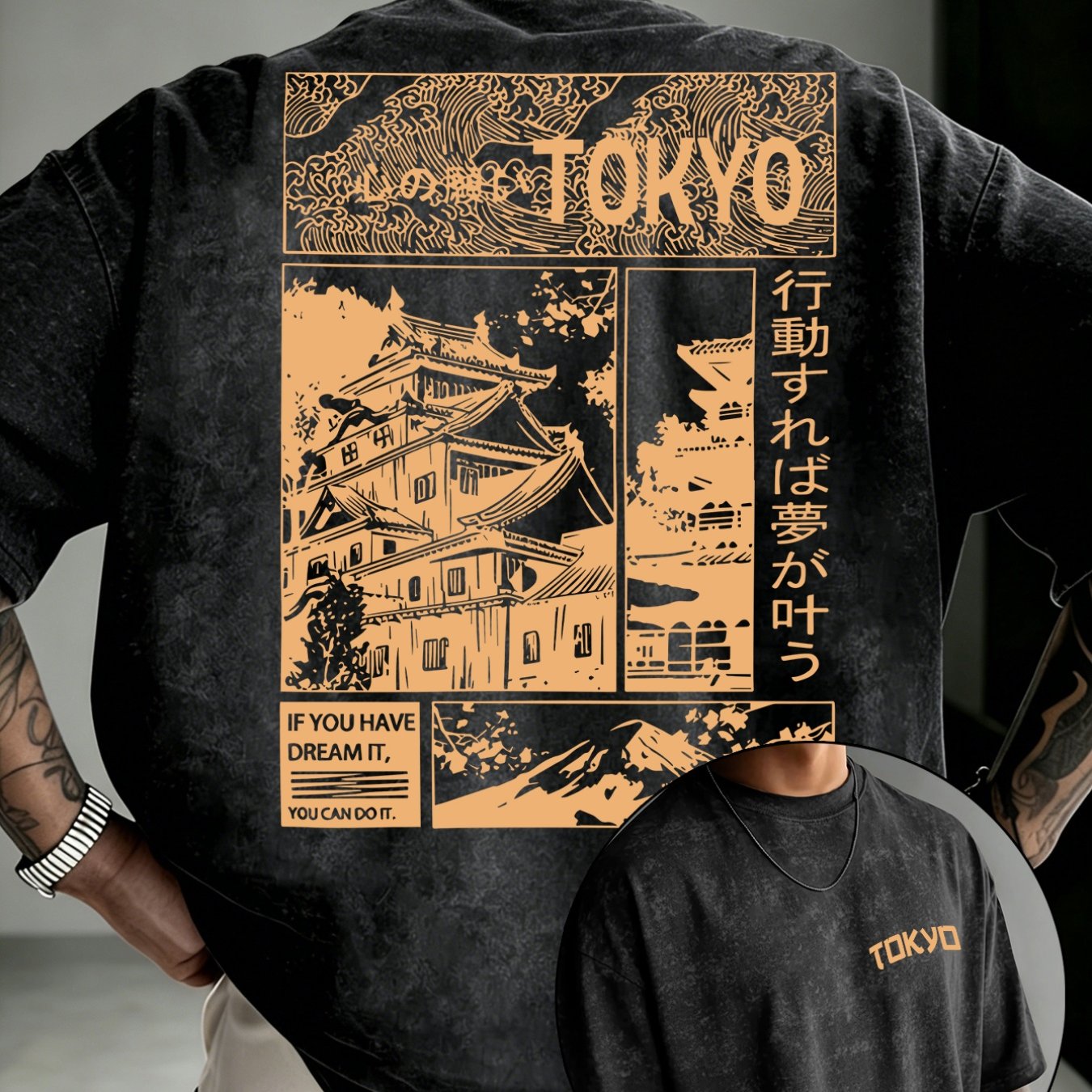 TEMU Men's Distressed Tokyo - T-shirt, Regular Casual Round Neck Short Sleeve, Japanese Retro Literary Top