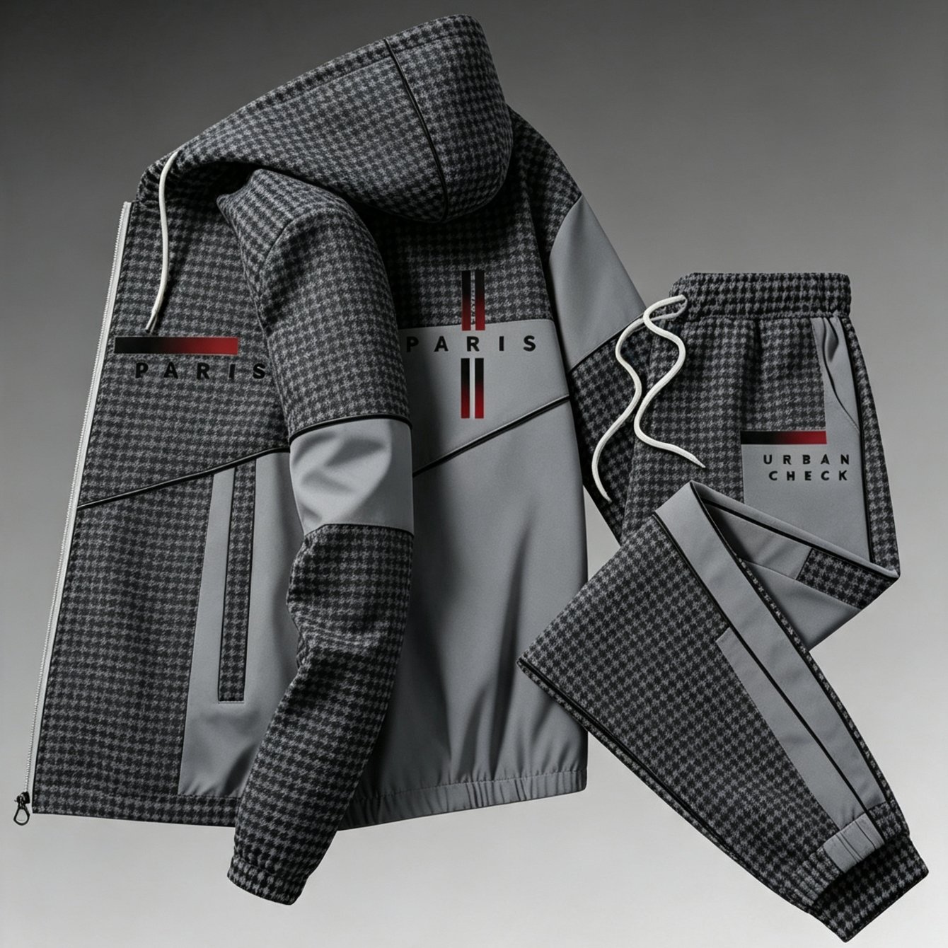 2pcs Set! 2026 New Casual And Stylish Sporty Hooded Jacket And Sweatpants Set | Suitable For Men And Women, Fashionable And Versatile, Suitable For Occasions, Geometric-patterned, Stretch Fabric