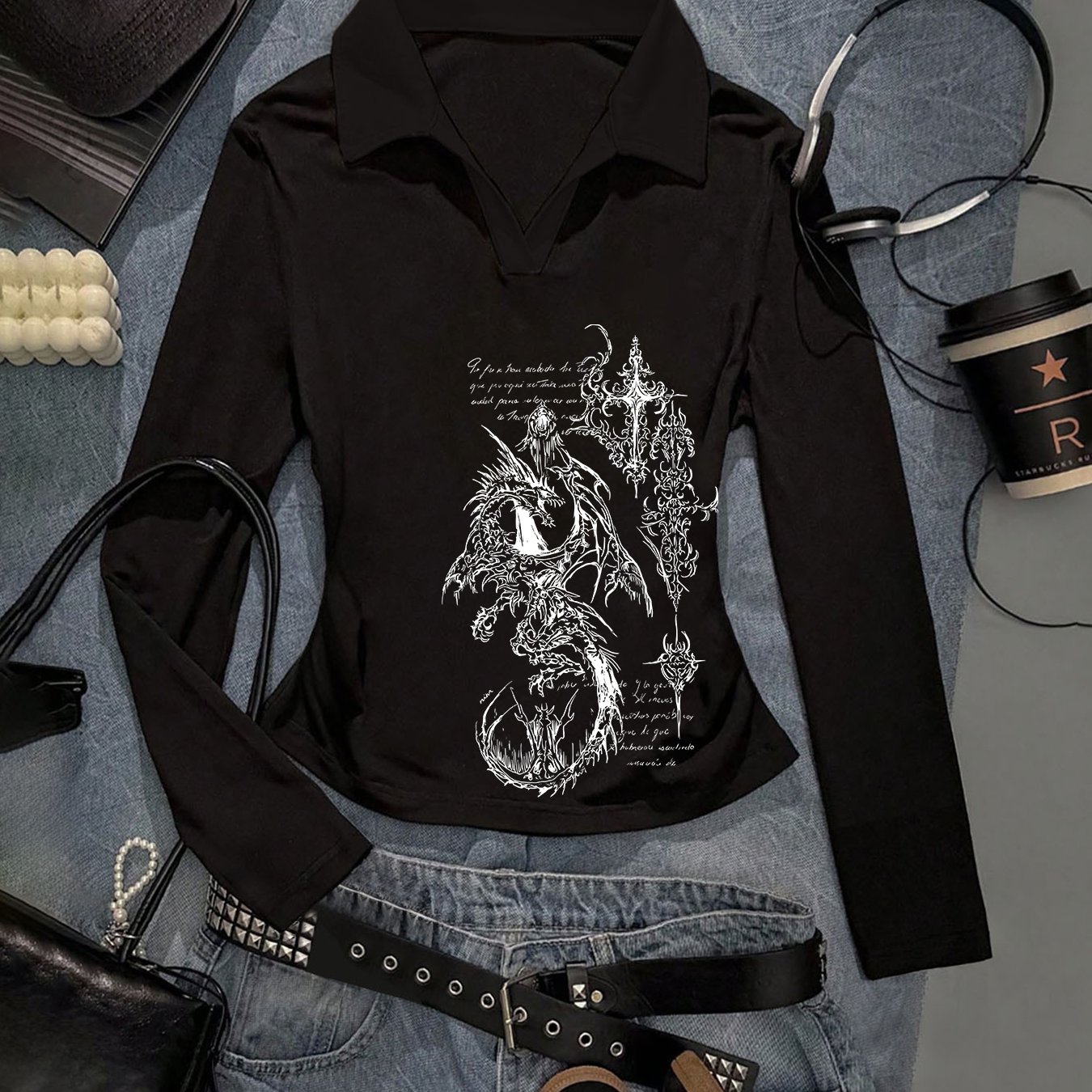 TEMU Women's Y2k Gothic Style Shirt | Turn- Collar, Straight Shoulders, Long Sleeves, Slim Fit, Flattering Base Layer Top, Autumn/winter Style,