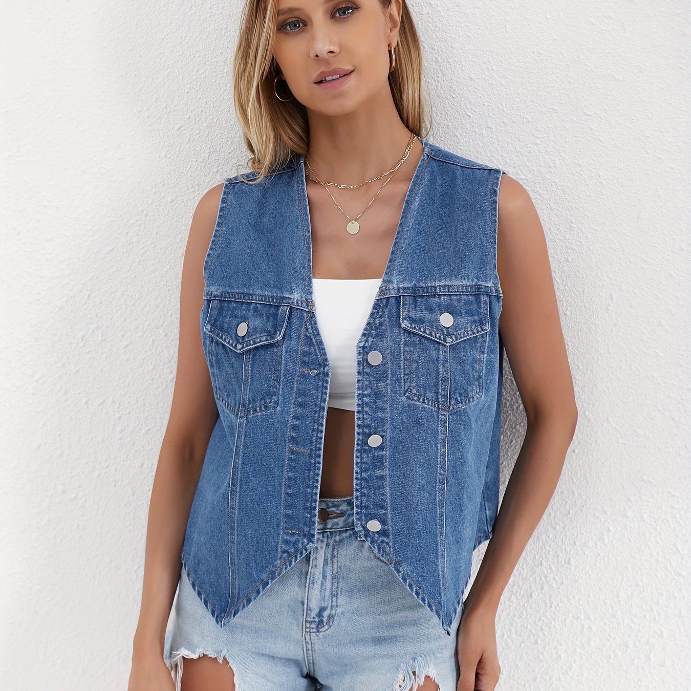 Washed V-neck Denim Vest, Versatile Layering Outerwear Vest