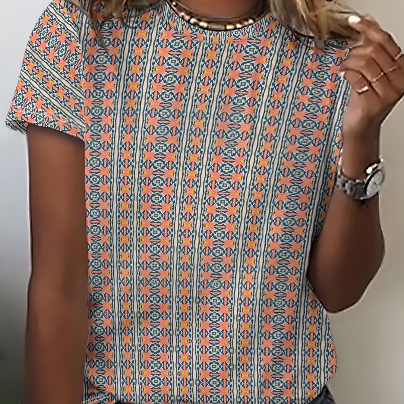 TEMU Women's Fashion Casual Short-sleeve T-shirt - Orange Background With Geometric Pattern Texture Print, Suitable For Spring And Autumn Wear, Ideal