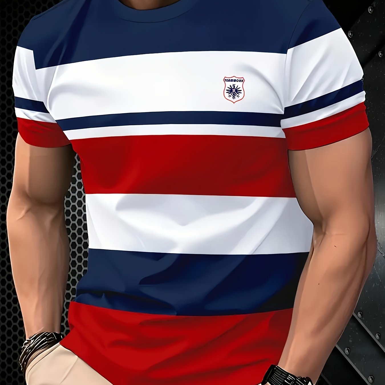 TEMU Plus Size Men's Striped Casual Print T-shirt - Round Neck, Solid Color Cartoon Short Sleeve, Fashionable Letter T-shirt, Machine Washable -