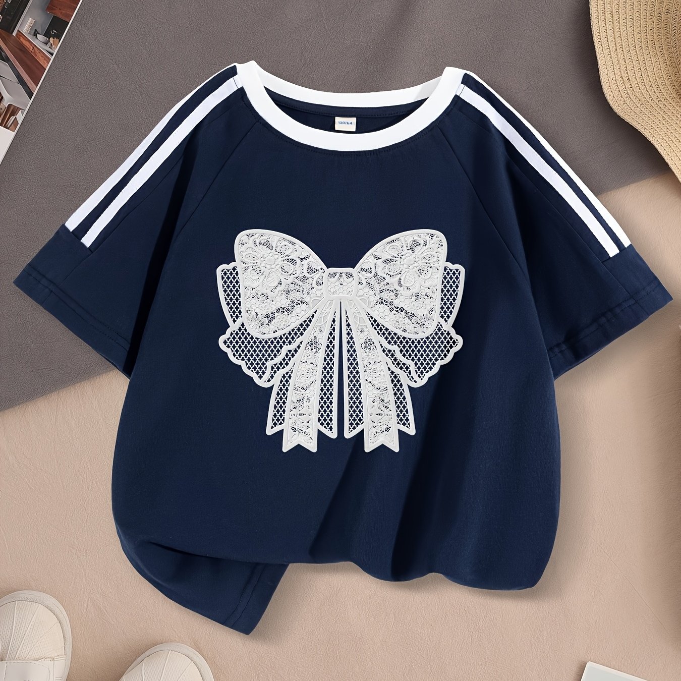 Jeanswest Kids 70% ' Fashionable Pure Casual Short-sleeve T-shirt With Bow Print, Suitable For Summer Outdoor Wear, Skin-friendly And Breathable