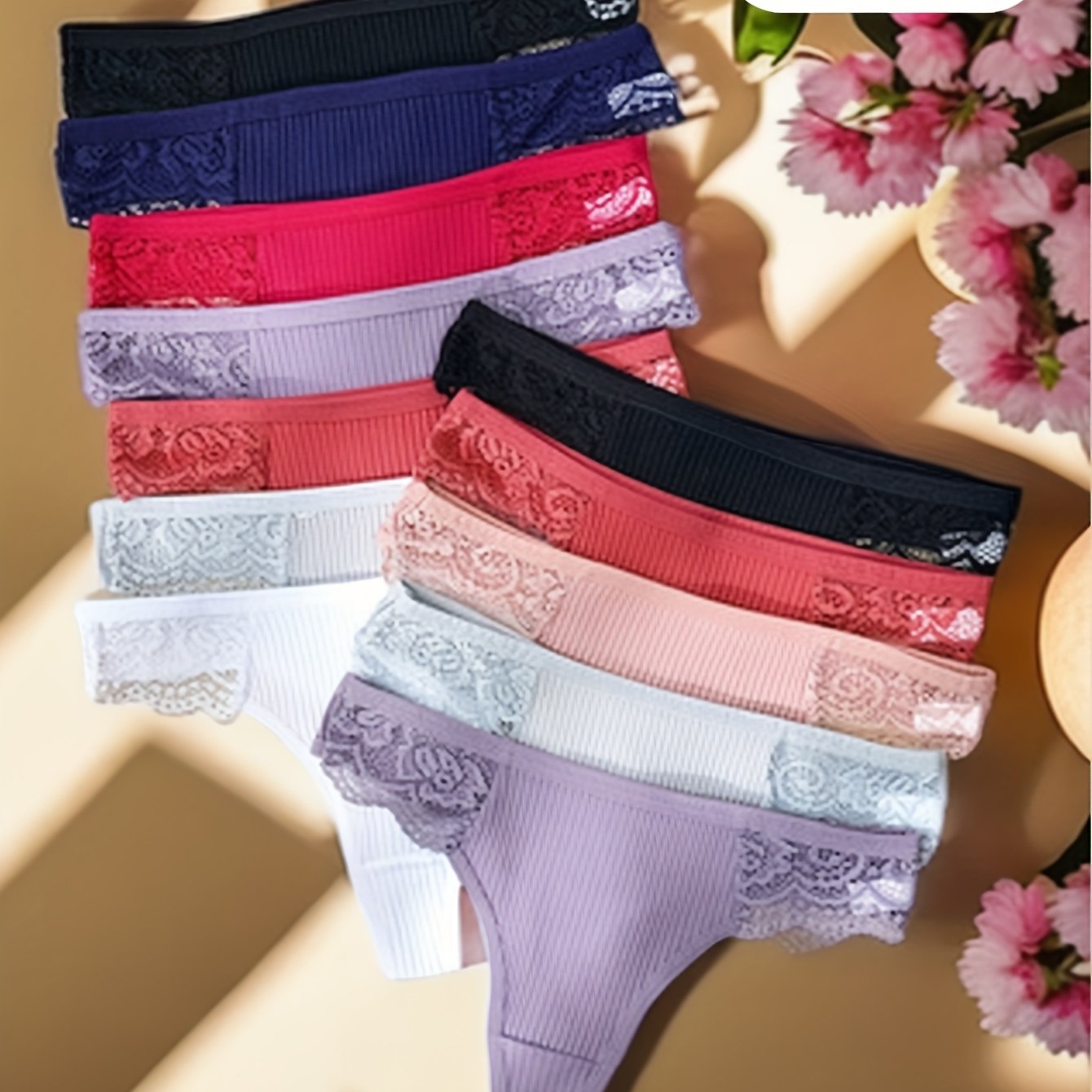 Image of Set Of 12 Thongs For Women Featuring Lace, T-, Floral Patterns, And Breathable, Comfortable Fabric For A