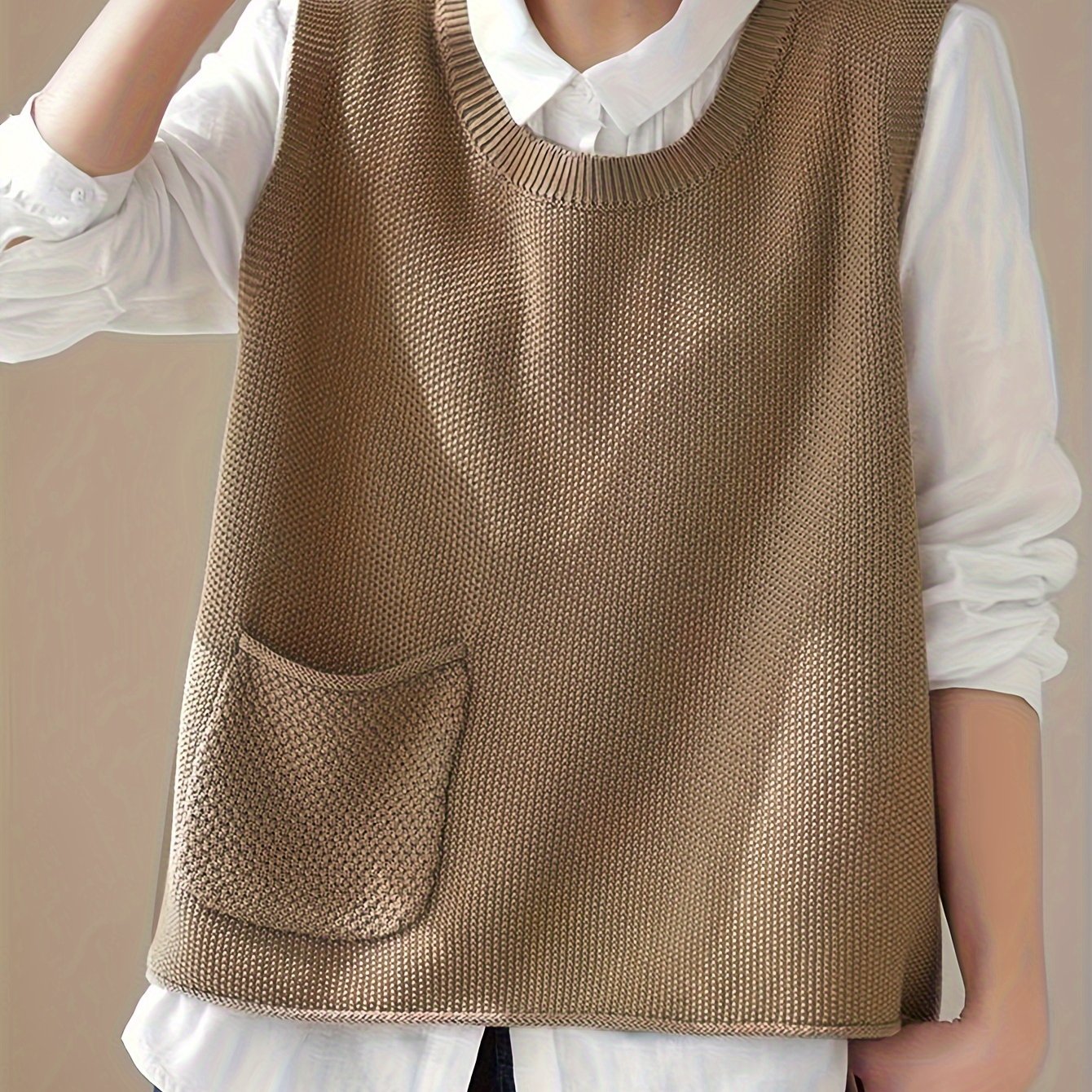 Women's Round Neck Sleeveless Large Sweater Vest, Casual Loose Sweater Vest Pullover Suitable For Spring, Autumn, And Winter