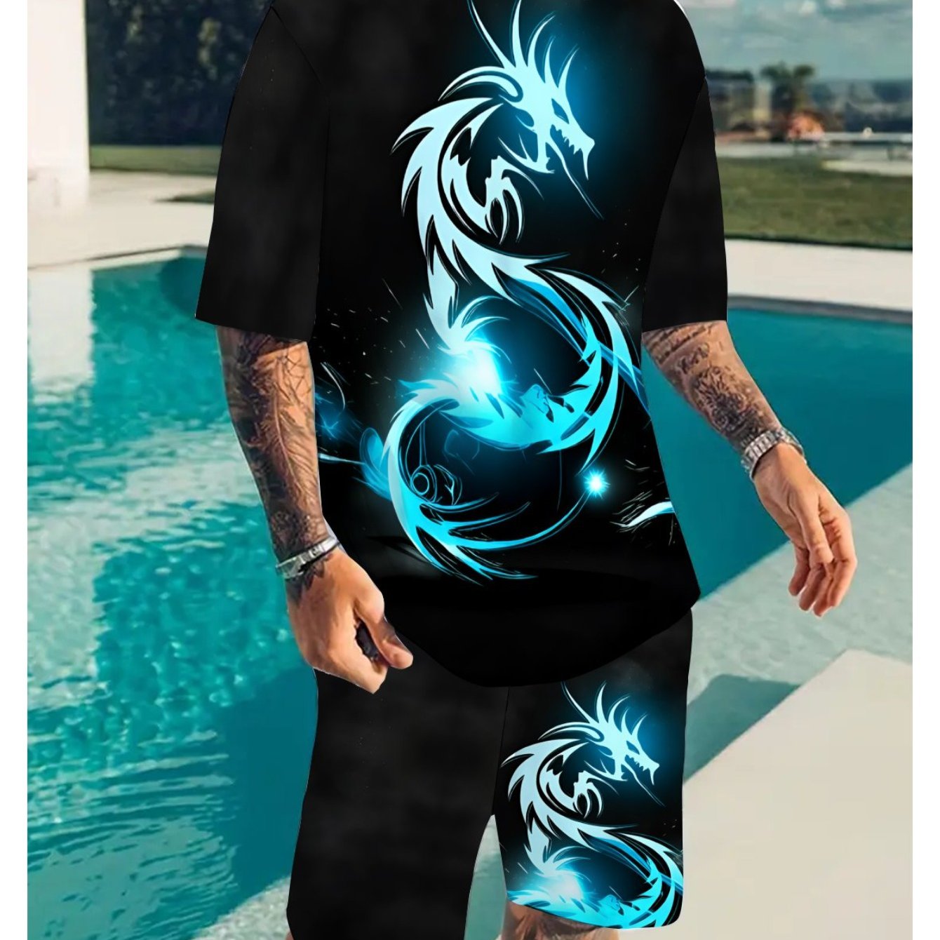 Image of [printed Design – Not Textured] Crew Neck Men's Fashion Summer Casual Trendy Dragon Graphic T-shirt Shorts 2pcss Outfit Men's 2pcss Outfits Beach Activities Casual Wear Sportswear Adults Men