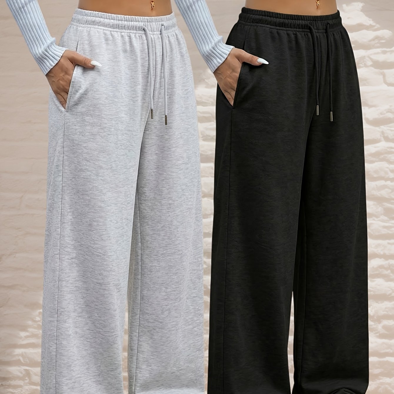 TEMU 2pcs Women's Casual Wide-leg Pants Set, Elastic Waist Cincher Loose Mid-stretch Fabric, Machine Washable, Spring Summer Autumn Casual Wear