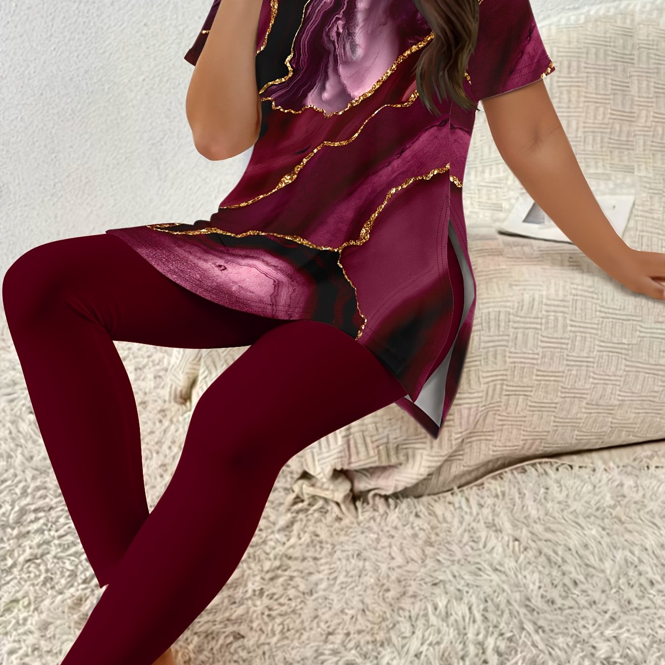 Women's Casual Two-piece Set Featuring A Short-sleeve Top With A Round Neck And Side Slits, With Leggings. For Spring And Summer, Perfect For Relaxed Occasions