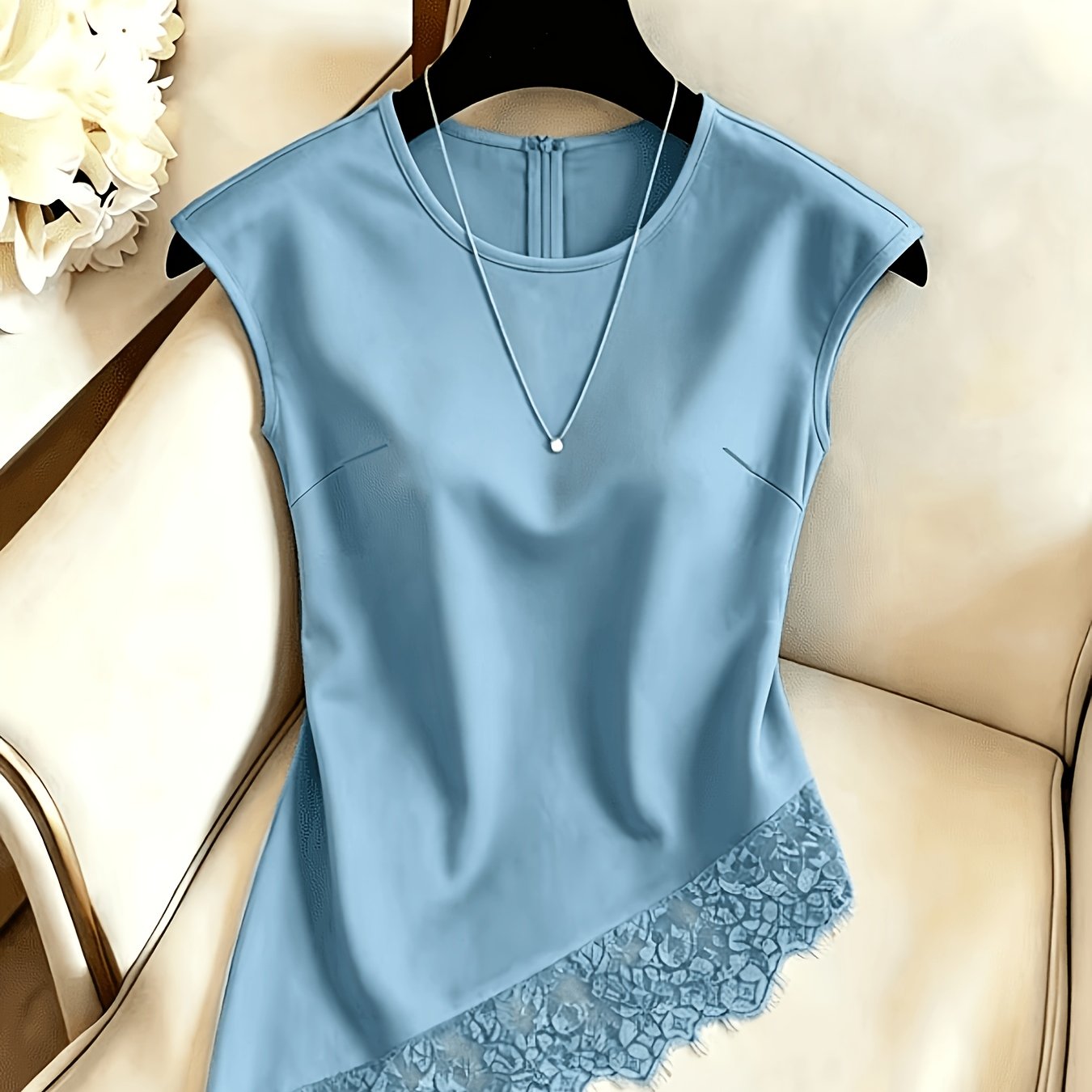 TEMU Women's Round Neck Lace Casual Versatile Daily Blouse Satin Top