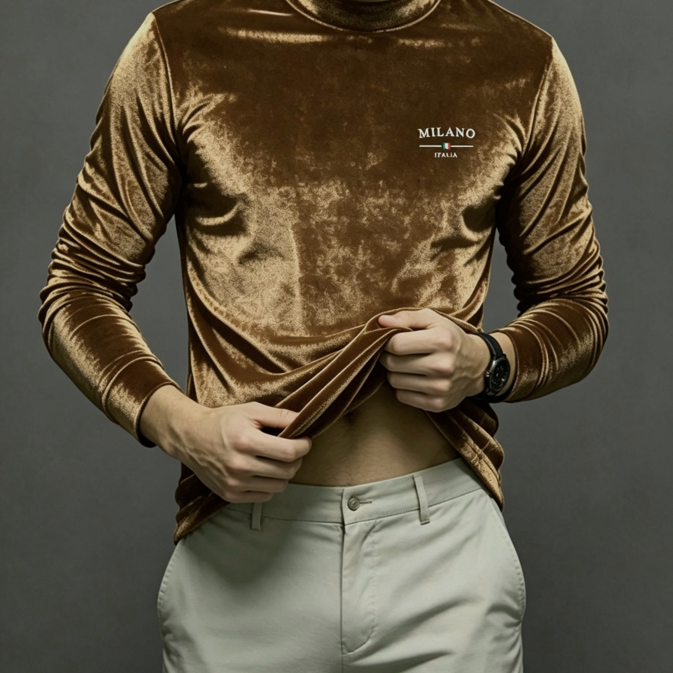 TEMU Luxurious European T-shirt, College Style Half-turtleneck, High-elastic Long-sleeve Print Base Shirt, Soft, Comfortable And Slim-fitting Men's