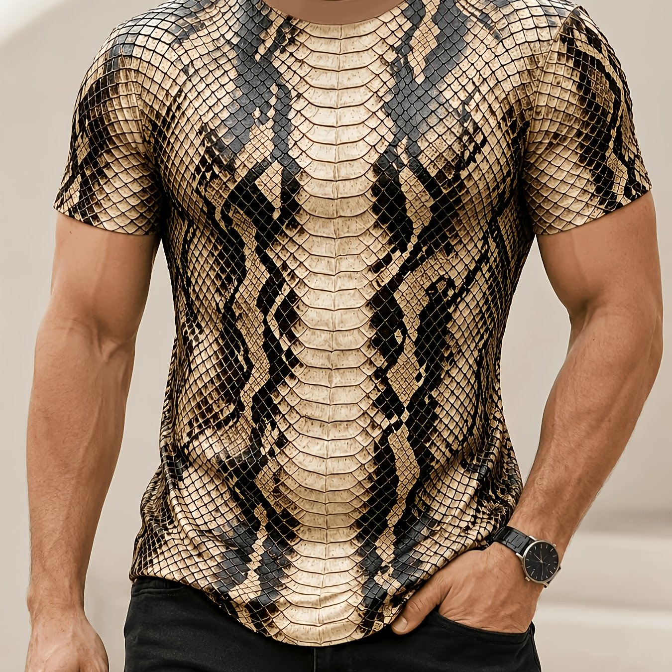 TEMU [print Design- Not Textured] Men's Snake Skin Pattern Print T-shirt, Casual Short Sleeve Round Neck Top, Trendy Animal Print Summer Casual Wear