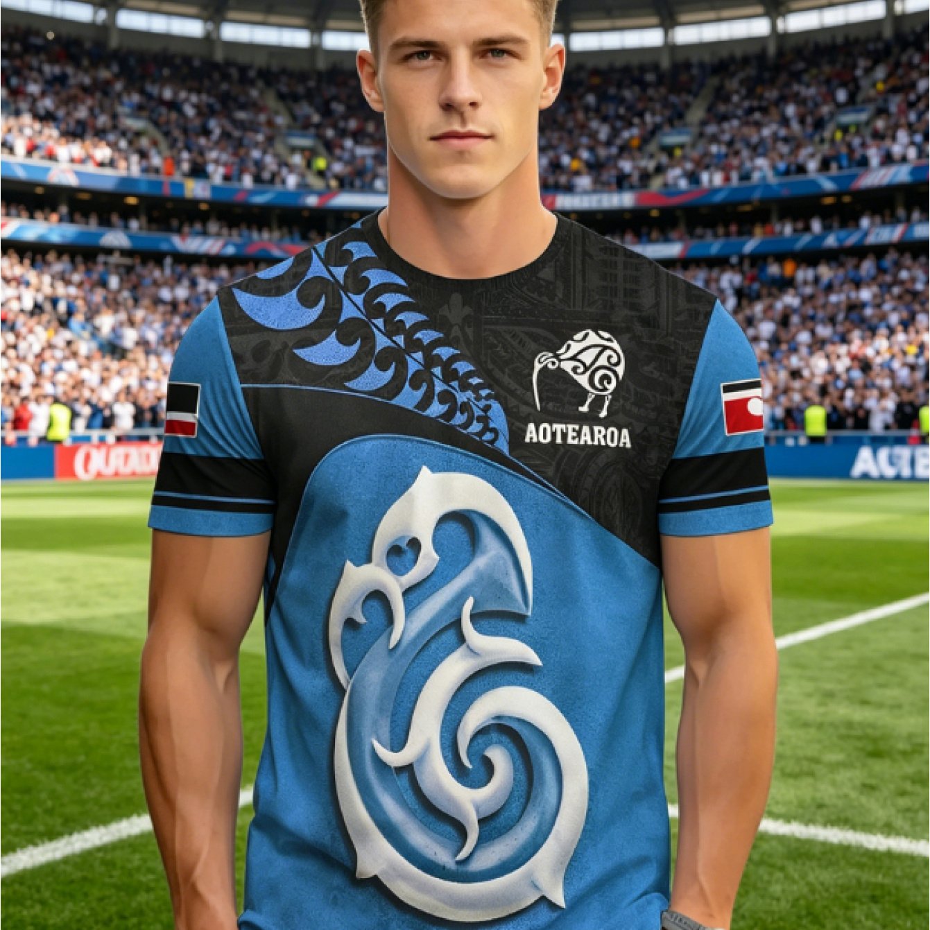 TEMU [printed Design - Not Textured] New Zealand Maori Top 2026 New Premium Kiwi Bird Swirl Totem Football T-shirt, Plus Size Men's Apparel Suitable