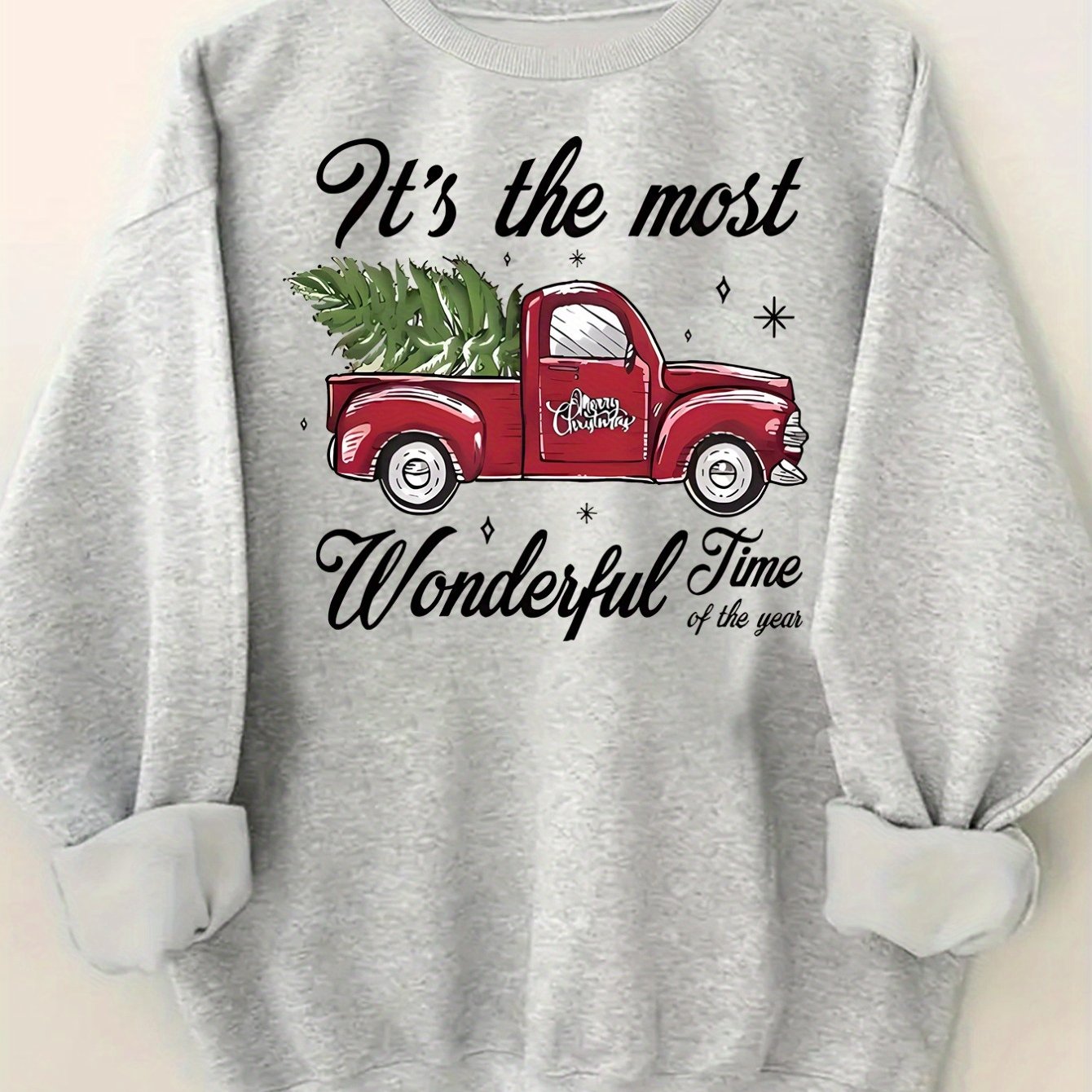 Image of Christmas Truck Letter Print Women's Casual -lined Thickened Sports Pullover Sweatshirt Top