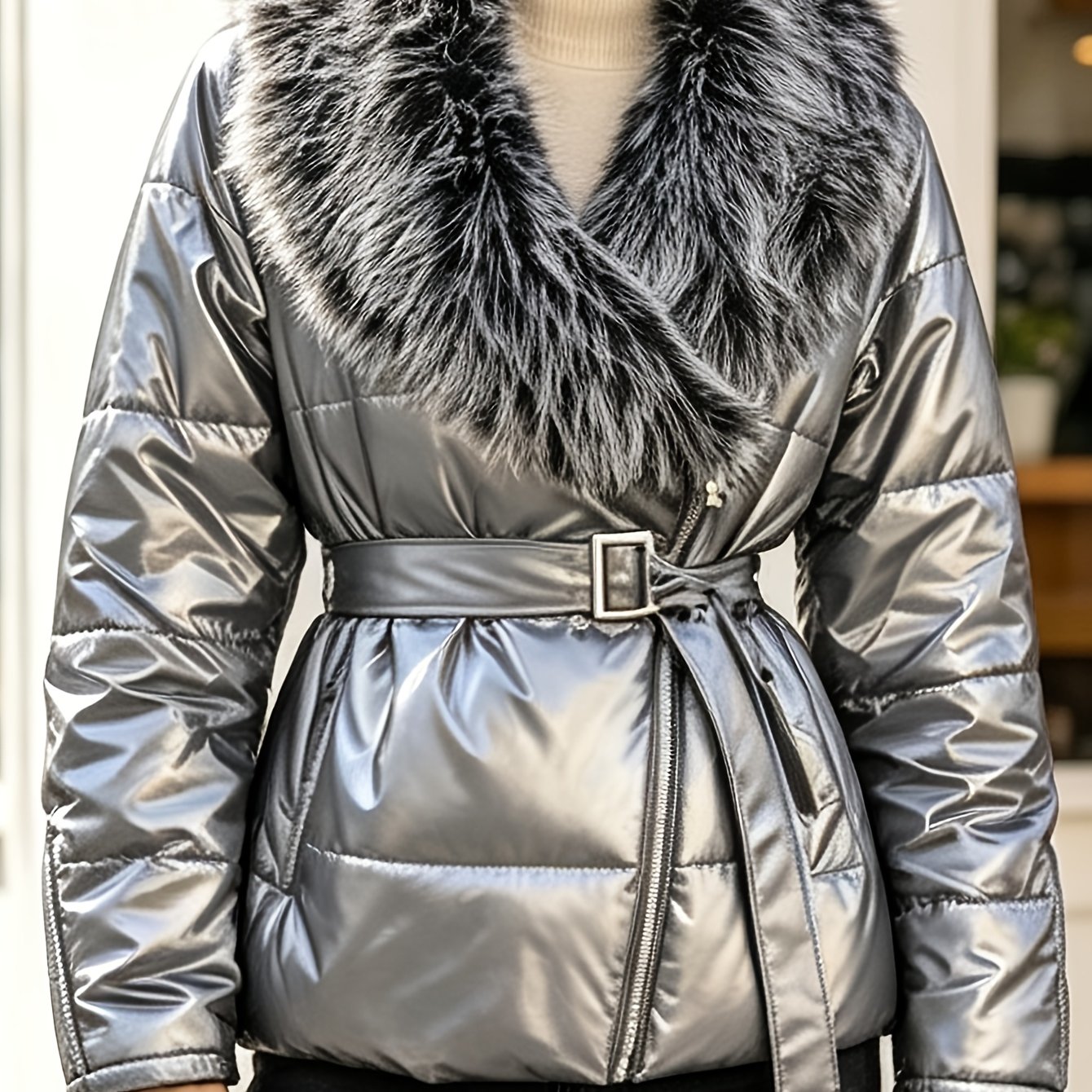 Image of Plus Size, Women's Pu Winter Jacket With Faux Collar & Belted Waist - Thick Warm Coat Suitable For Work, Commuting, Casual Outfits, V-neck Zipper Front, Machine Washable, Plus Size Outerwear