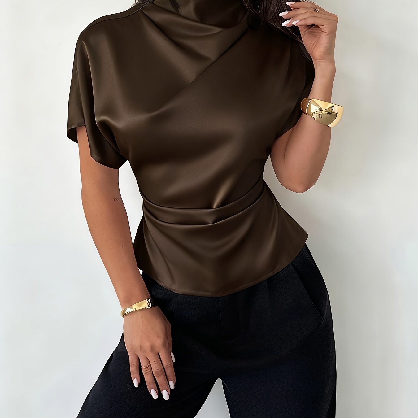 E-shop Elegante Damen Batwing-Ärmel Taillen-betonendes Kurzarm-Seitenfalten Pendlerhemd