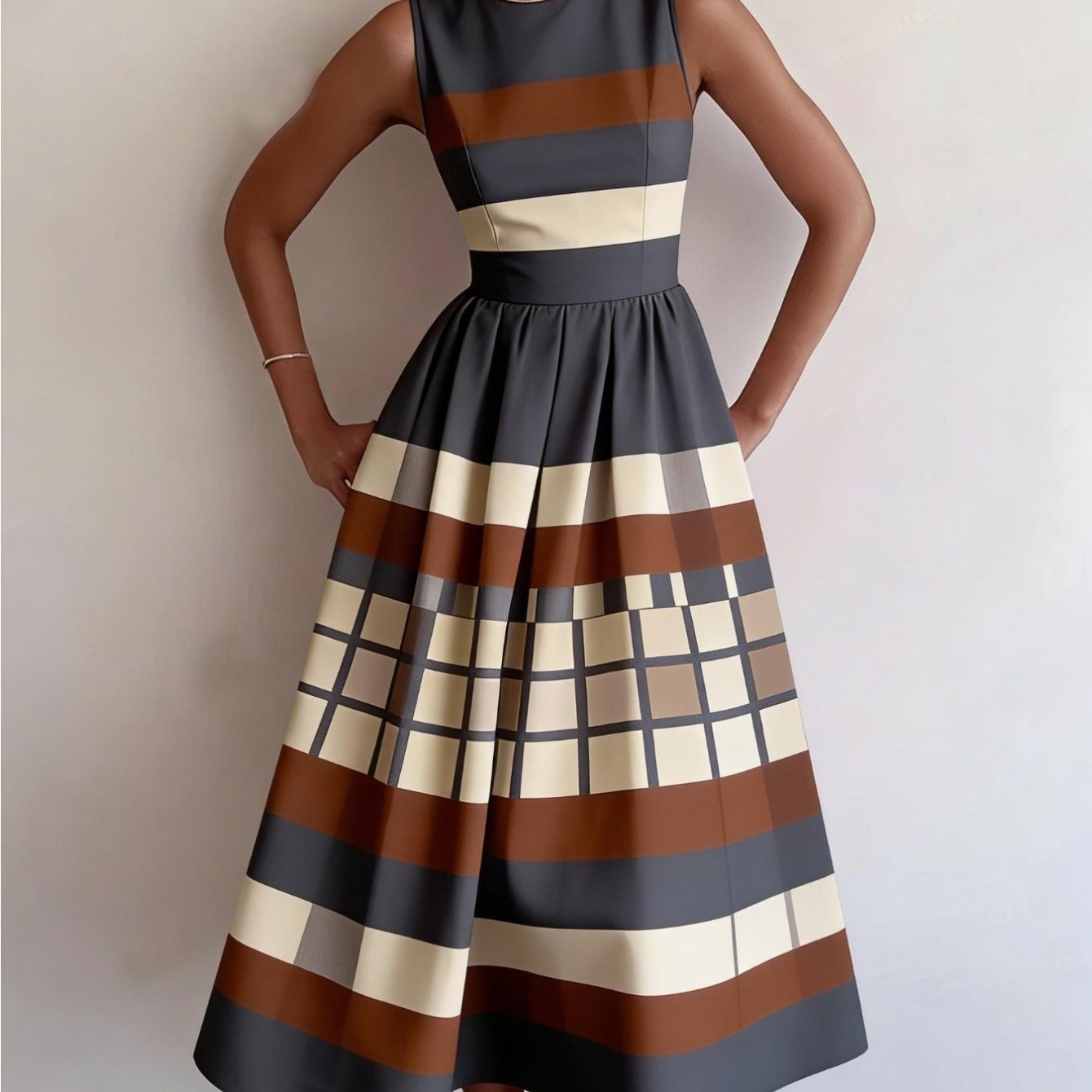 Image of Elegant Bohemian Resort Style Party Dress, Beach Vacation Series, Colorful Full-print , Round Neck, Waist-cinching, Sleeveless, New Women's Casual Dress