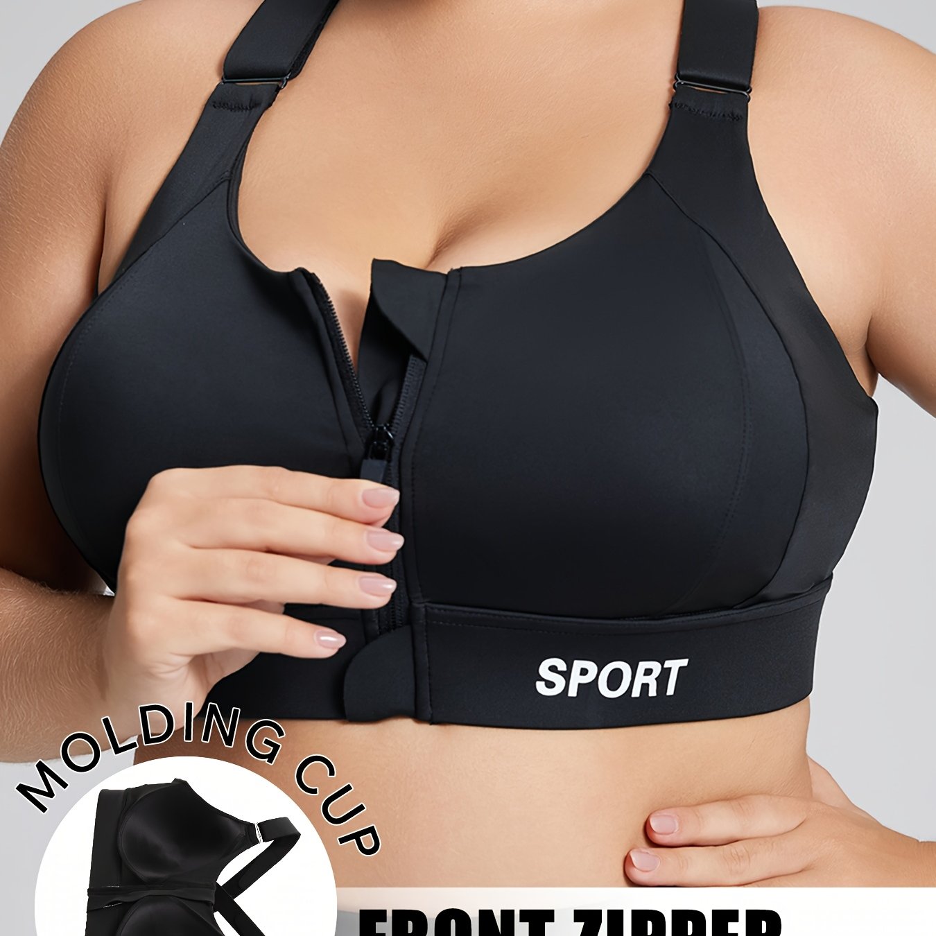 1pc Women's Front Zipper Sports Bra, Shockproof Push-up Sports Bra, High- High-impact Yoga Bra