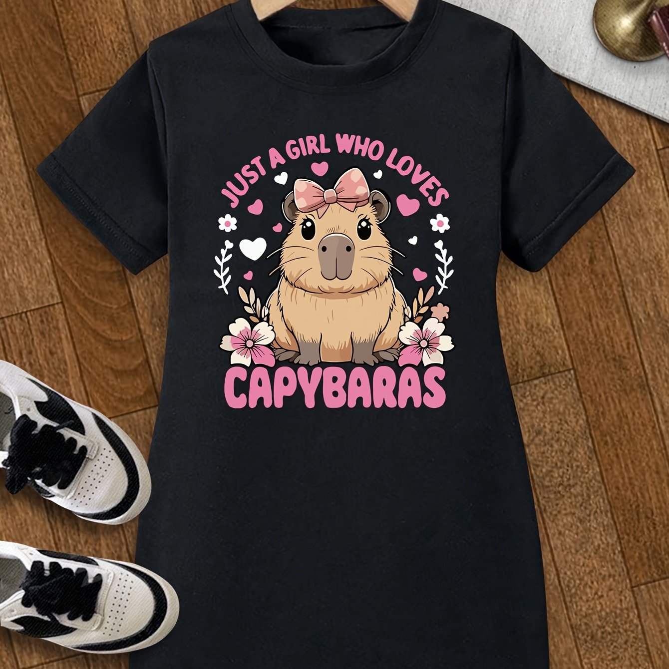 Image of Adorable Capybara Flower Print Dress, Girls' Round Neck Short Sleeve Casual T-shirt Dress, Soft And Comfortable Fabric, Perfect For Summer Outdoor Activities