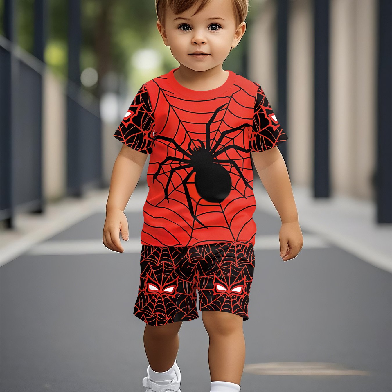 Image of Summer Short-sleeved Set For Boys, Featuring Trendy And Fashionable Red Spider Pattern Print, And A Stylish And Comfortable Short-sleeved Outfit., Perfect For Outdoor,christmas,halloween
