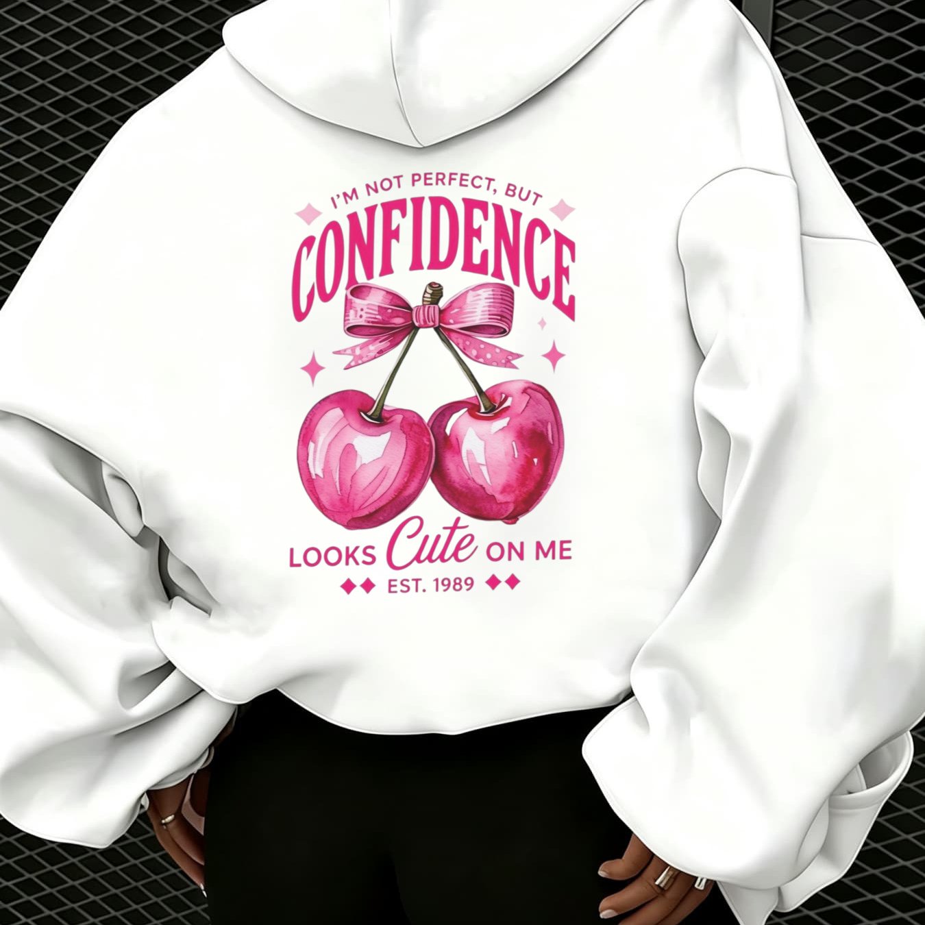 Image of Autumn Winter New Fleece Casual Hoodie For Women With Pink Cherry Print And Bow Detail, Warm Cozy Loose Fit, Street Style Drop Shoulder