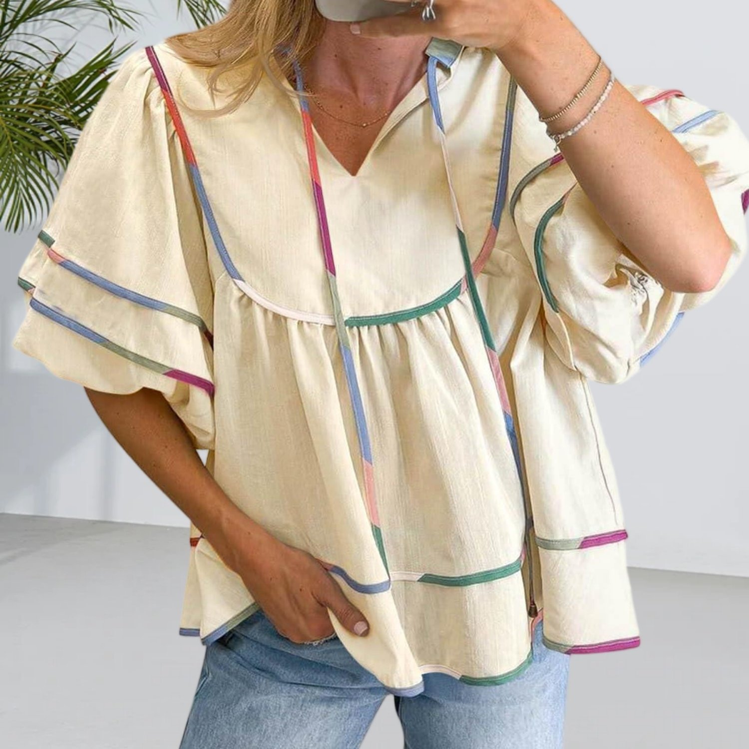 Womens Summer Babydoll Tops V Neck Short Lantern Sleeve Shirts Cute Loose Fit Peplum Flowy Blouses