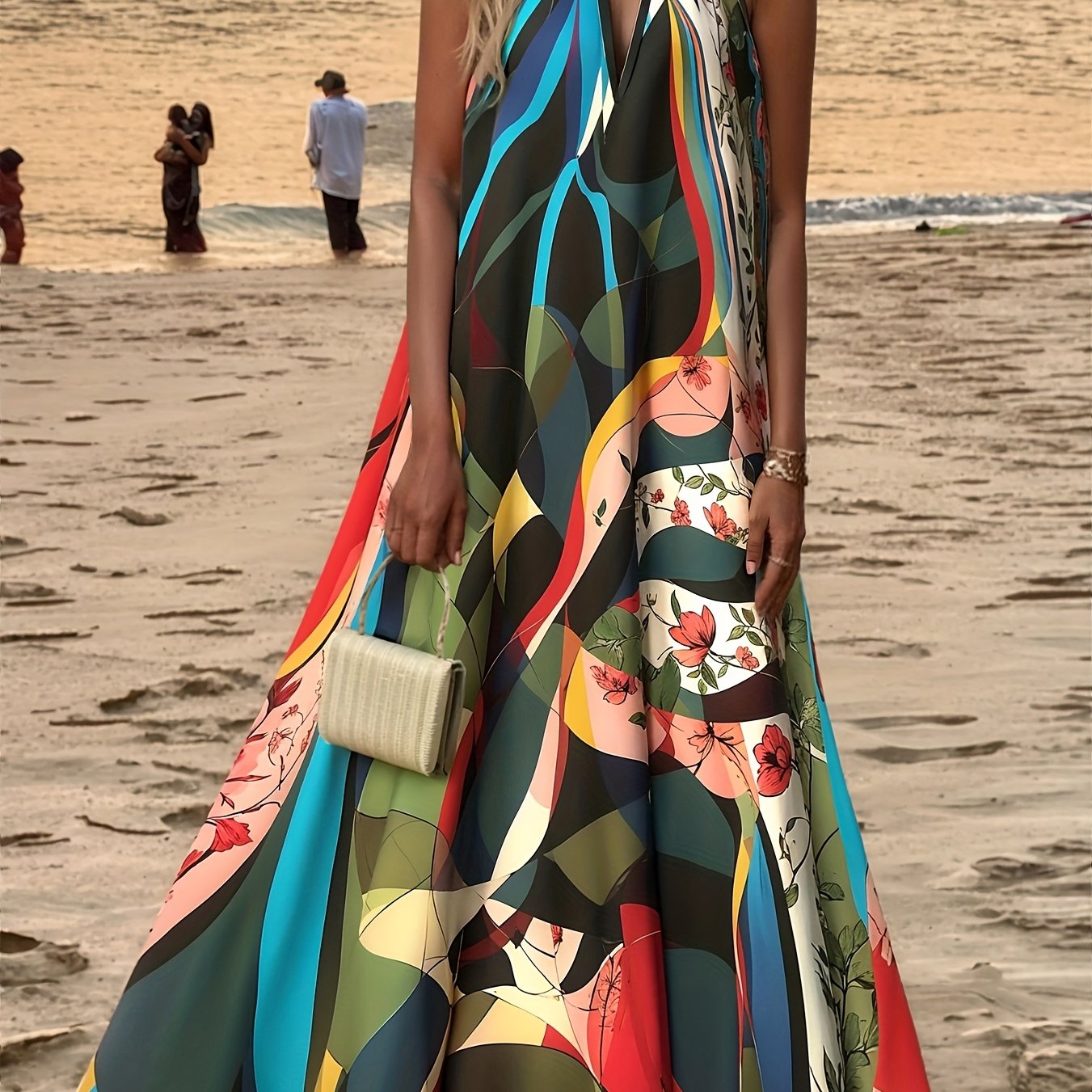 E-shop Lässiges, stylisches Kleid mit Blumenmuster, Rundhalsausschnitt, ärmelloses A-Linien-Kleid, geeignet für Frühling und Sommer, Damenbekleidung.
