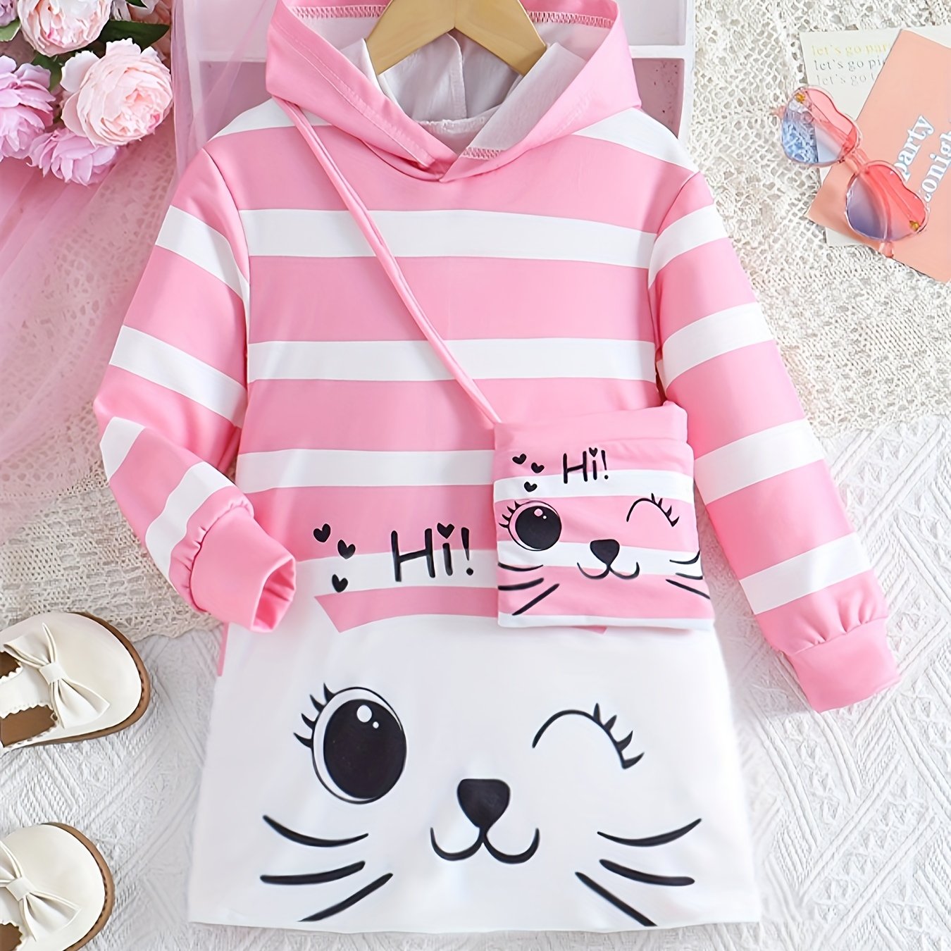 Image of 2pcs Set: Cute Striped Cat Face Print Long Sleeve Hooded Dress Pullover + Cartoon Cat Bag, Kids' Spring/autumn Party Outfit