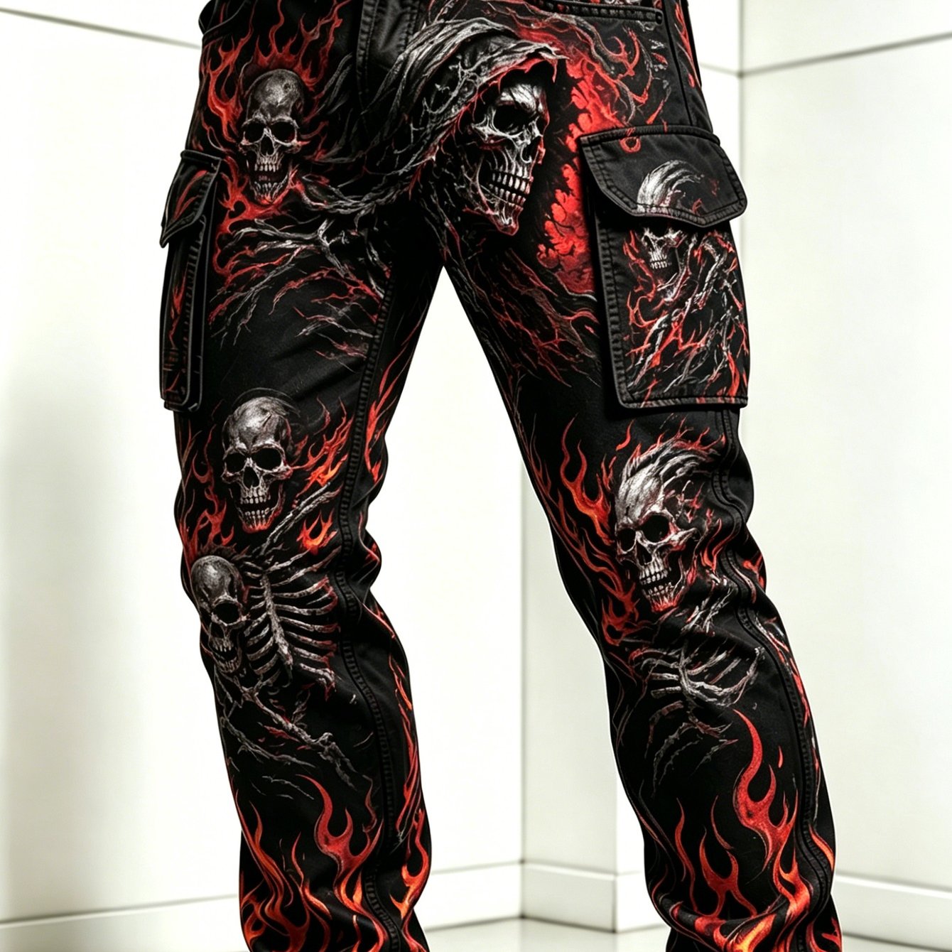 Gothic Flame Skull Cargo Pants Streetwear Casual Trousers, Perfect For Outdoor, For Teenager